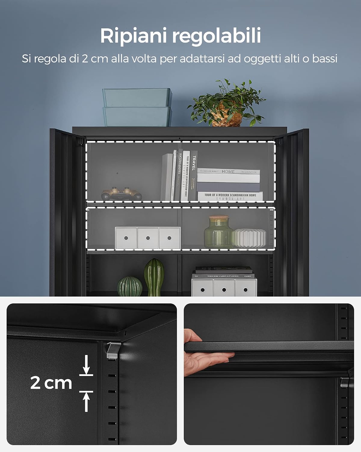SONGMICS Armadietto Garage a 5 Ripiani con 2 Ante, Armadio Ufficio, 40 x 80 x 180 cm, 1 Serratura, Ripiani Regolabili, Armadio Metallo, Nero Opaco OMC015B01