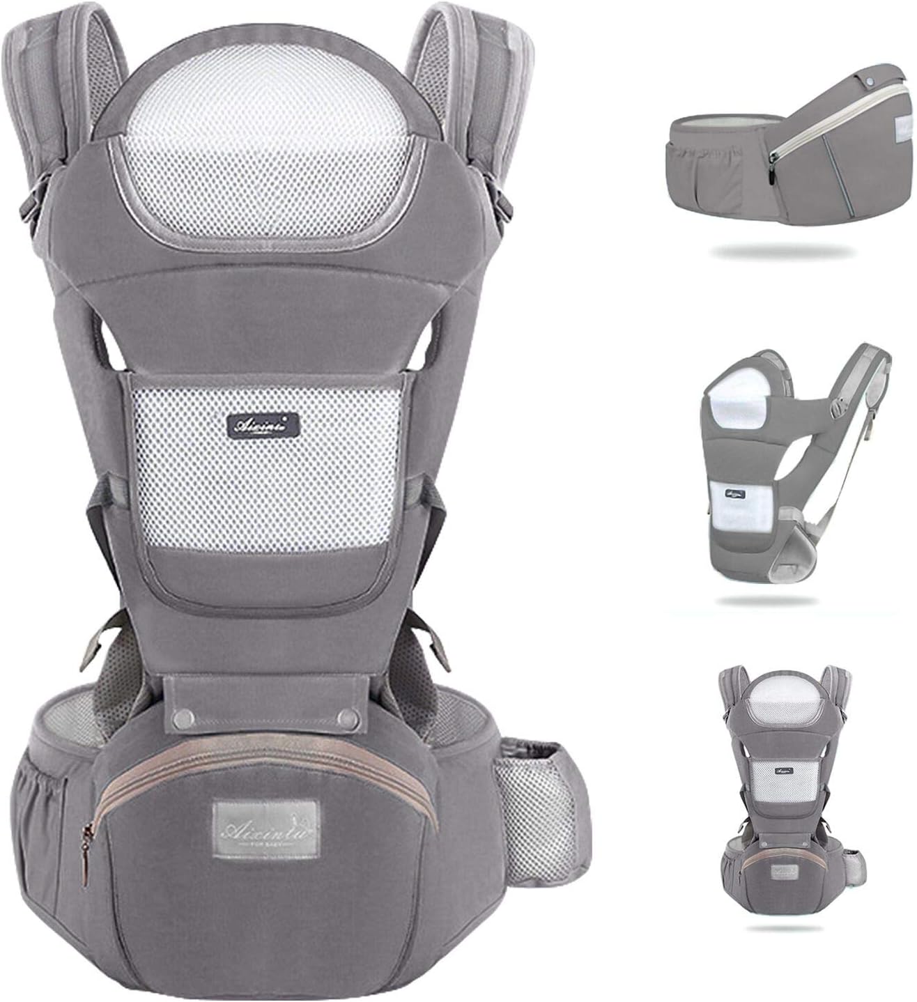 Marsupio Neonati Ergonomico, Porta Bambino da 0-36 Mesi(Inferiore a 25kg) con Sedile Multiposizione, con PoggiaTesta e Cappuccio, Puro Cotone Traspirante Leggero, Grigio