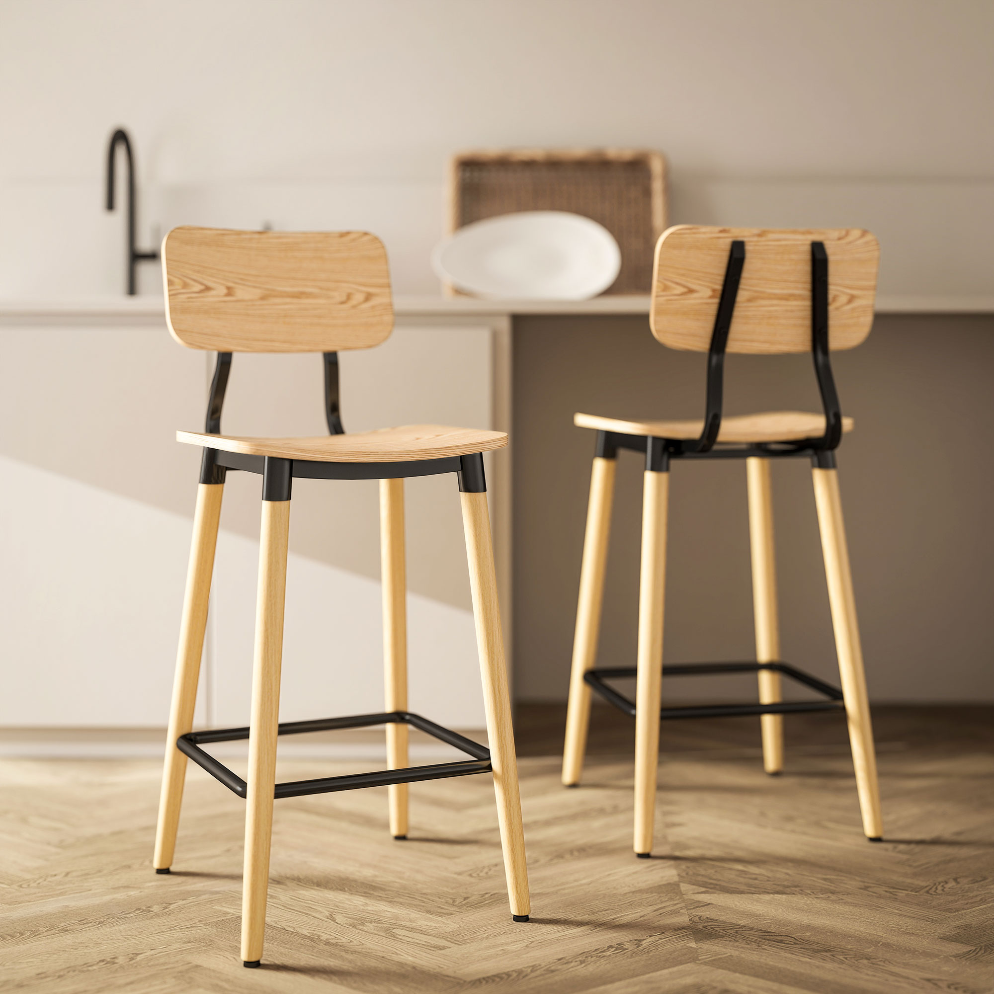 HOMCOM 2er-Set Barhocker mit Rückenlehne, Barstühle für Hausbar, Kücheninsel, Esszimmer, Holz, Metall, Hellbraun