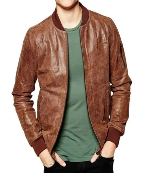 Mens Distressed Brown Bomber Jacket