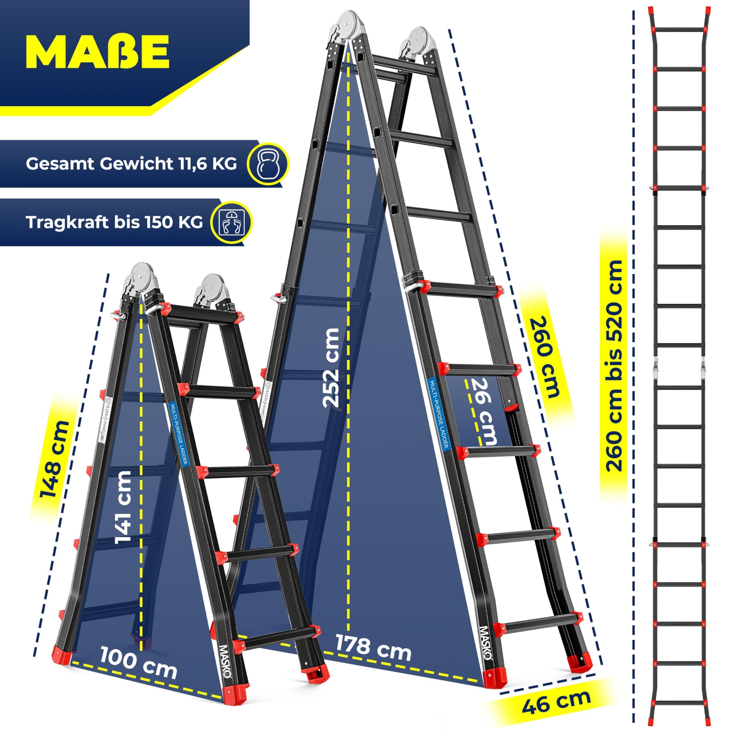 MASKO Aluminium 6in1 Mehrzweckleiter 20 Sprossen 520 cm 150 kg ausziehbar rutschfest Gelenkleiter Schwarz