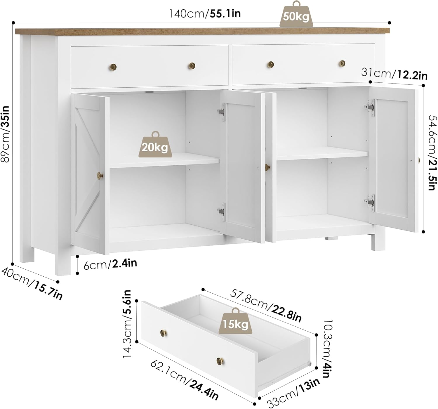 FirFurd Sideboard 140cm Breit Küchenschrank mit Arbeitsplatte Buffetschrank mit 2 Schubladen 4 Türen Küchenbuffet mit verstellbaren Ablagen für Wohnzimmer Küche Esszimmer 140x40x89 cm weiß