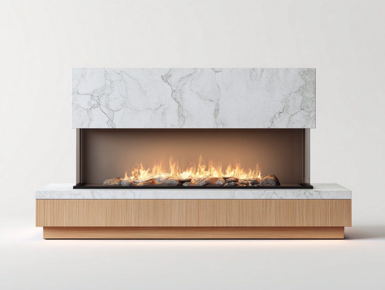 Caminetto elettrico marmo/legno 140x40x95 cm - bianco/legno - adatto al soggiorno - design moderno