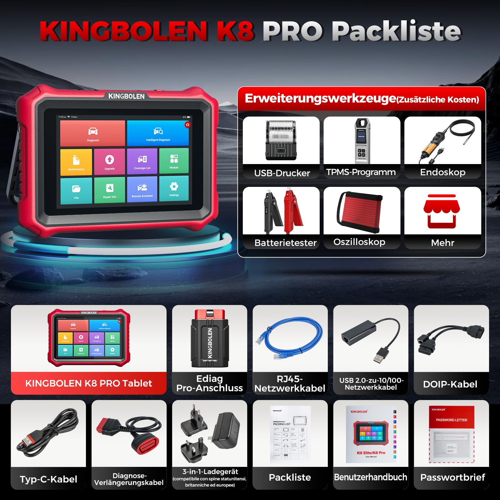 OBD2 Diagnosegerät K8 PRO Bluetooth mit Bi-Direktionaler Steuerung, ECU-Kodierung und 42 Reset-Diensten, Alles-System-Diagnose für V.A.G, FCA, CAN FD