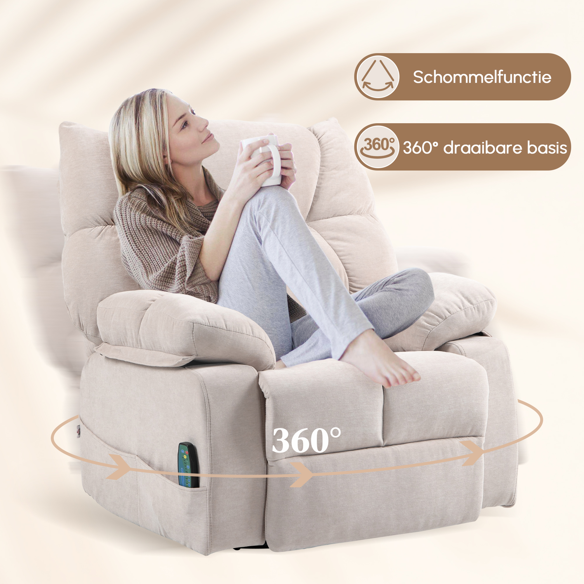 Massagestoel met Verwarmings- & Ligfunctie, Draaibaar, tot 150 kg, Metaal Frame, 98x90x98cm, Beige