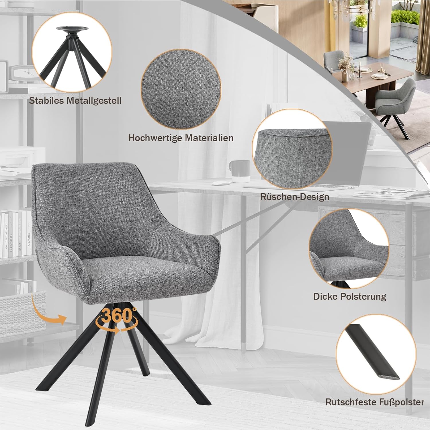 Esszimmerstühle Drehbar 6er Set mit Armlehne – 360°Drehbar Polsterstuhl Leinen Modern Drehstuhl Küchenstuhl mit Metallgestell und Rückenlehne für Esszimmer, Wohnzimmer, Büro, Hellgrau