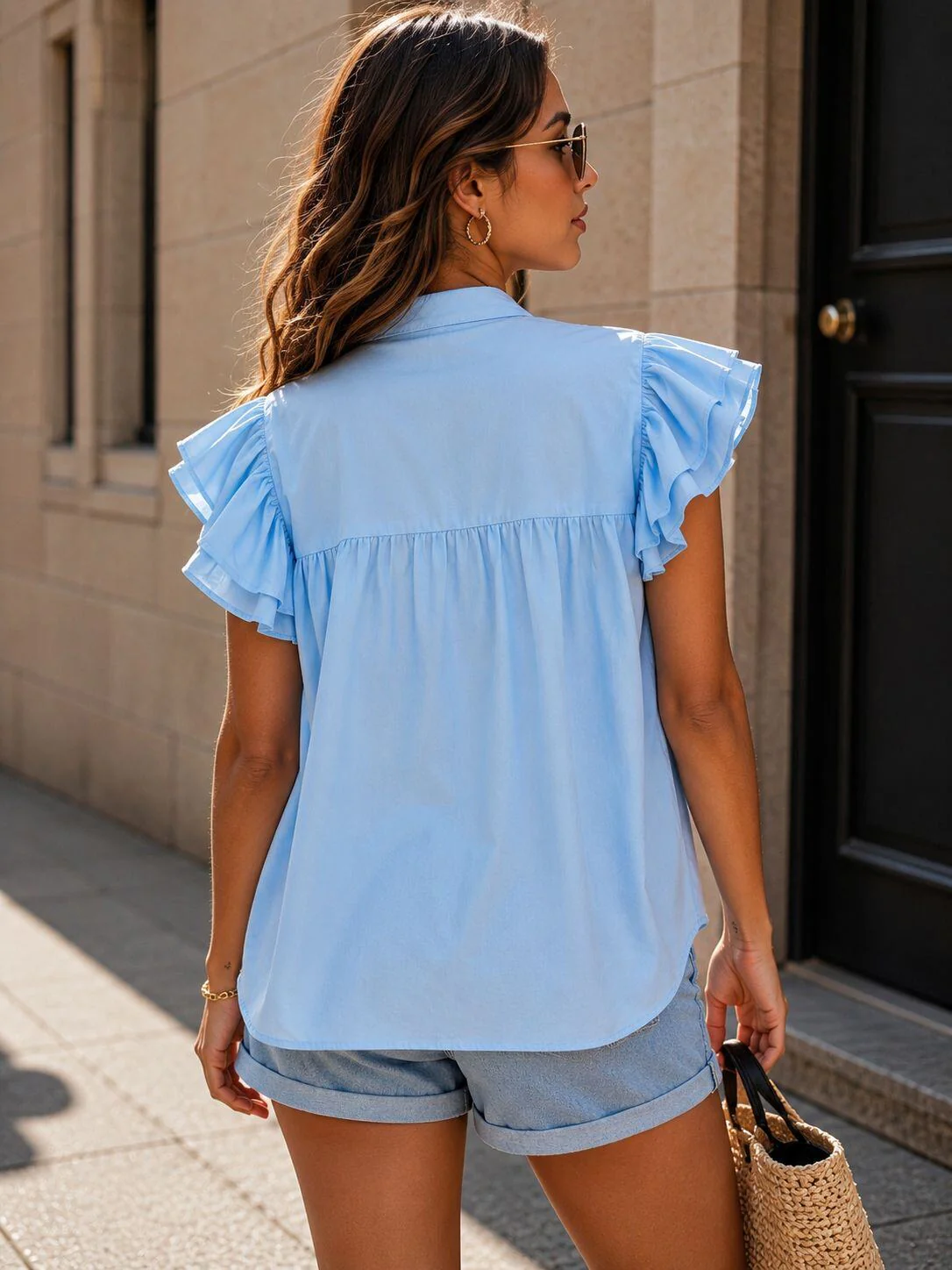 Embroidered Bohemian Ruffle Blouse �C Blue | Women's Luxury Cotton Top