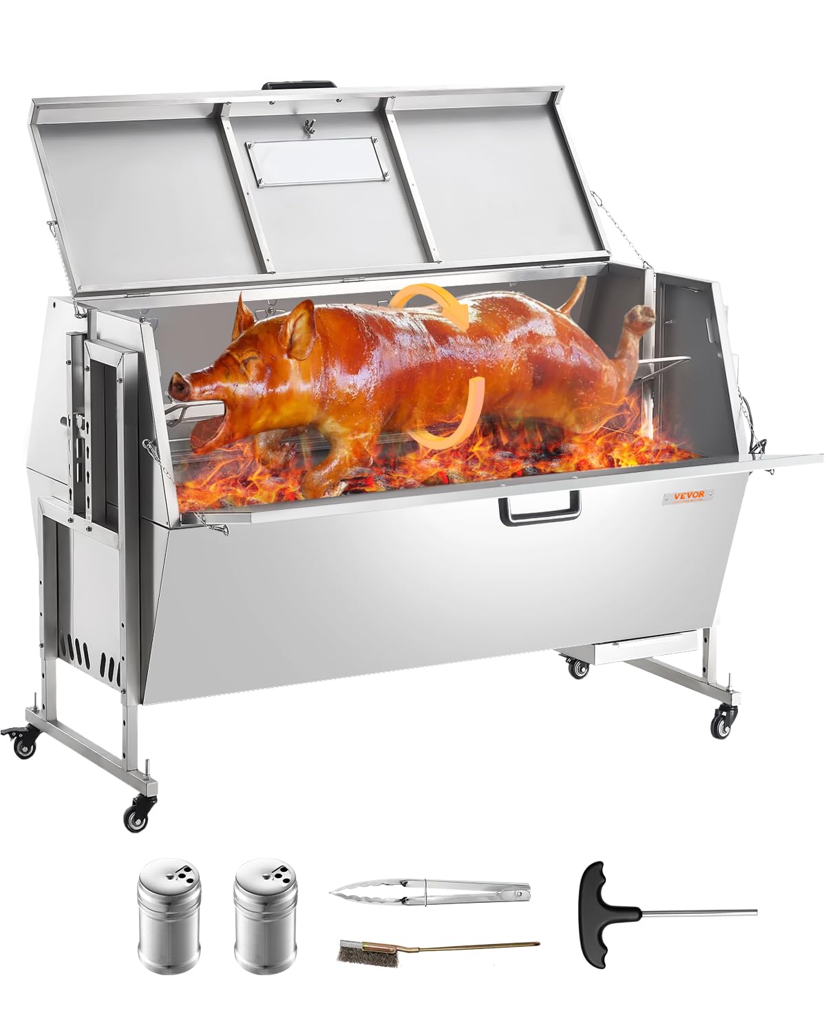 VEVOR Griglia per Agnello 130 kg Griglia per Barbecue per Maiale Capra, Girarrosto Commerciale in Acciaio Inossidabile con Motore Elettrico da 60 W con Scudo Termico, Lunghezza Girarrosto da 1427 mm