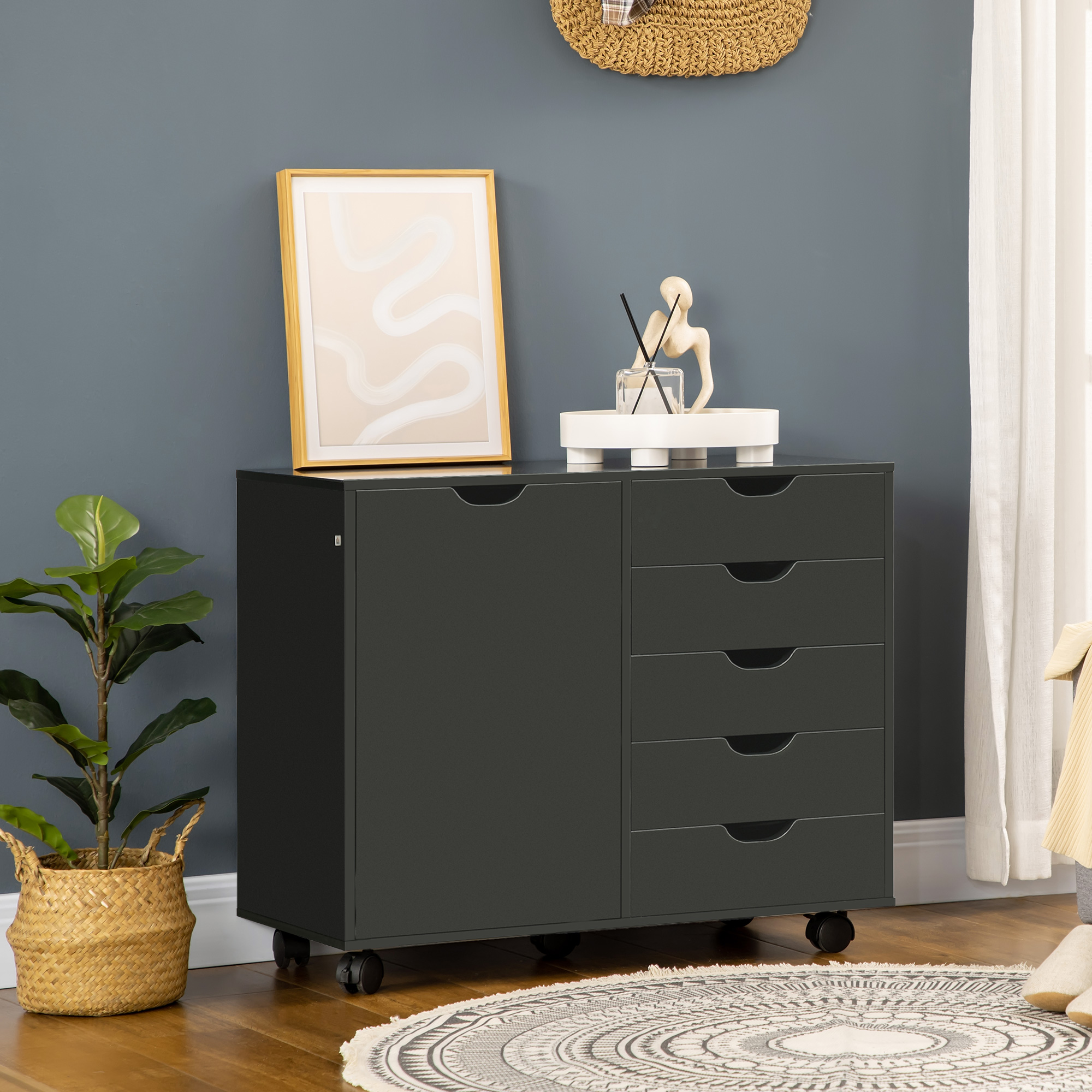 HOMCOM Bürowagen mit 5 Schubladen 1 Tür verstellbarem Regal, Druckerstand auf Rollen, 78x40x66,5 cm, Schwarz