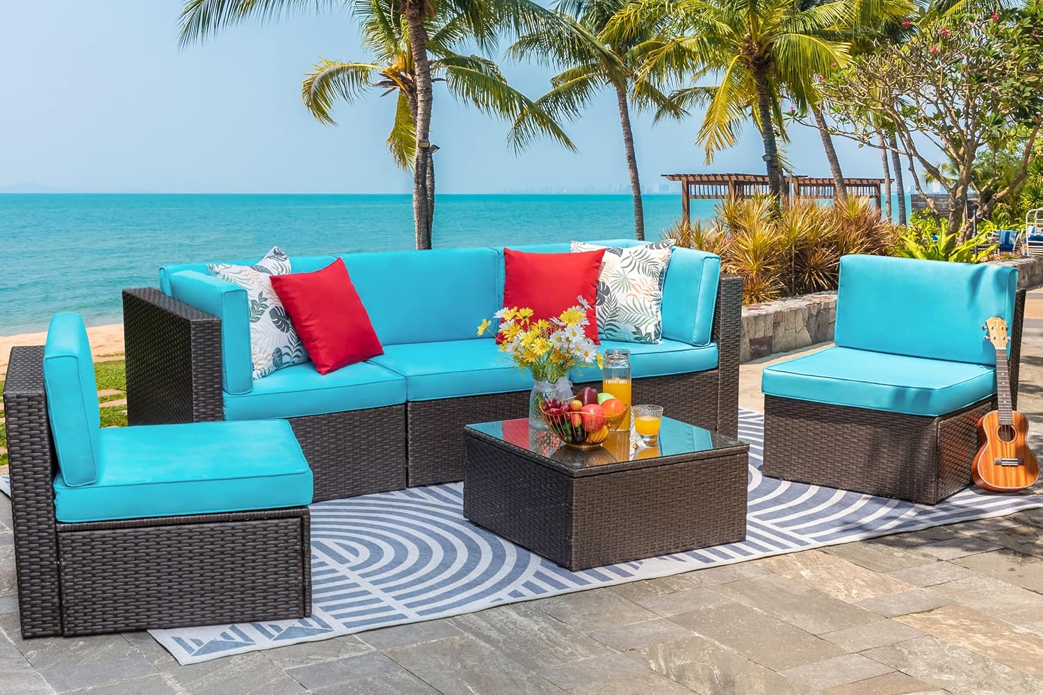 6 Pieces Outdoor Patio Furniture Set PE Wicker Rattan Sectional Sofa