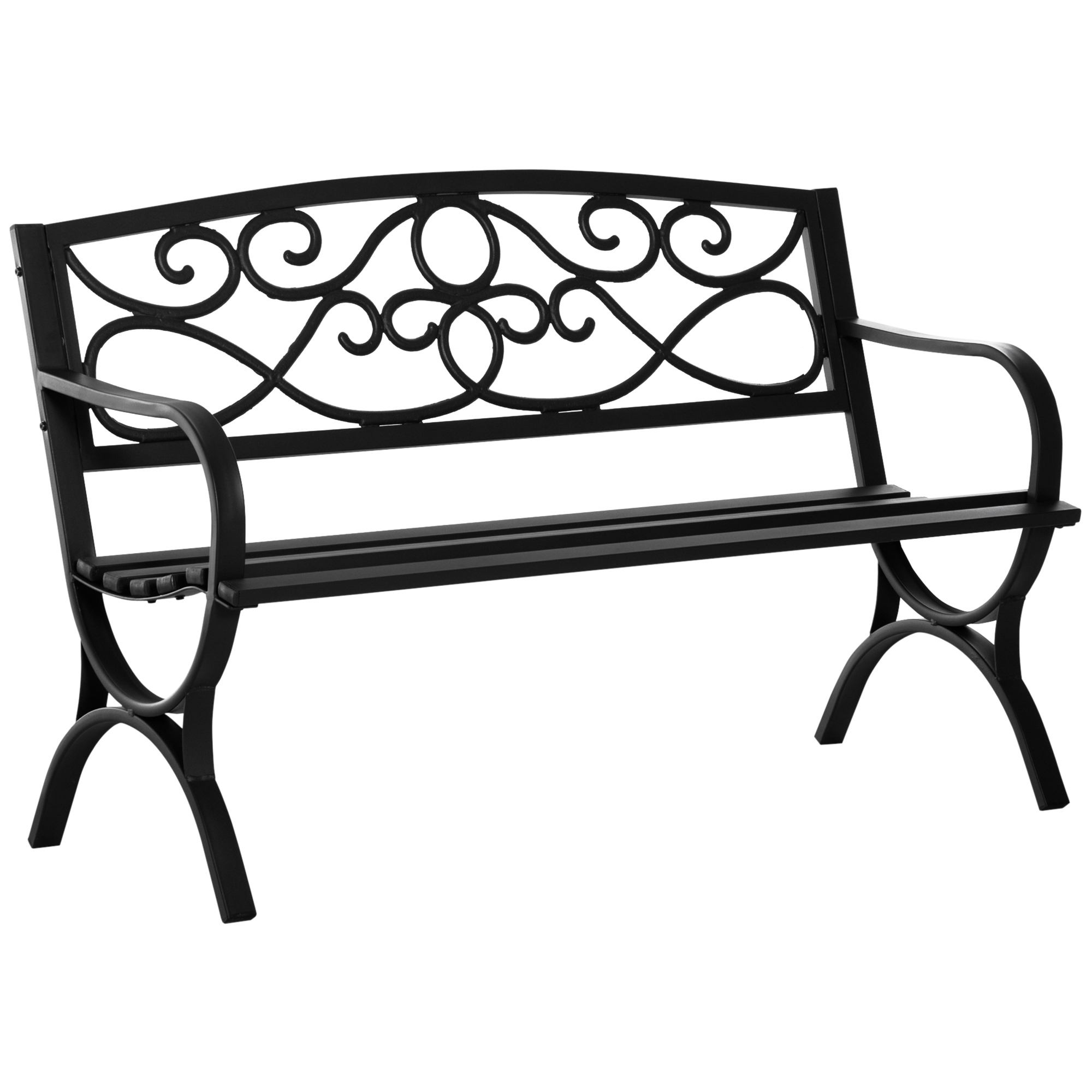 Outsunny Gartenbank 2-Sitzer Gartenbank im Freien Terrasse Patio mit geneigter Rückenlehne Latten- Sitzfläche bequeme Armlehnen Stahl Gusseisen 128 x 58,5 x 85 cm schwarz