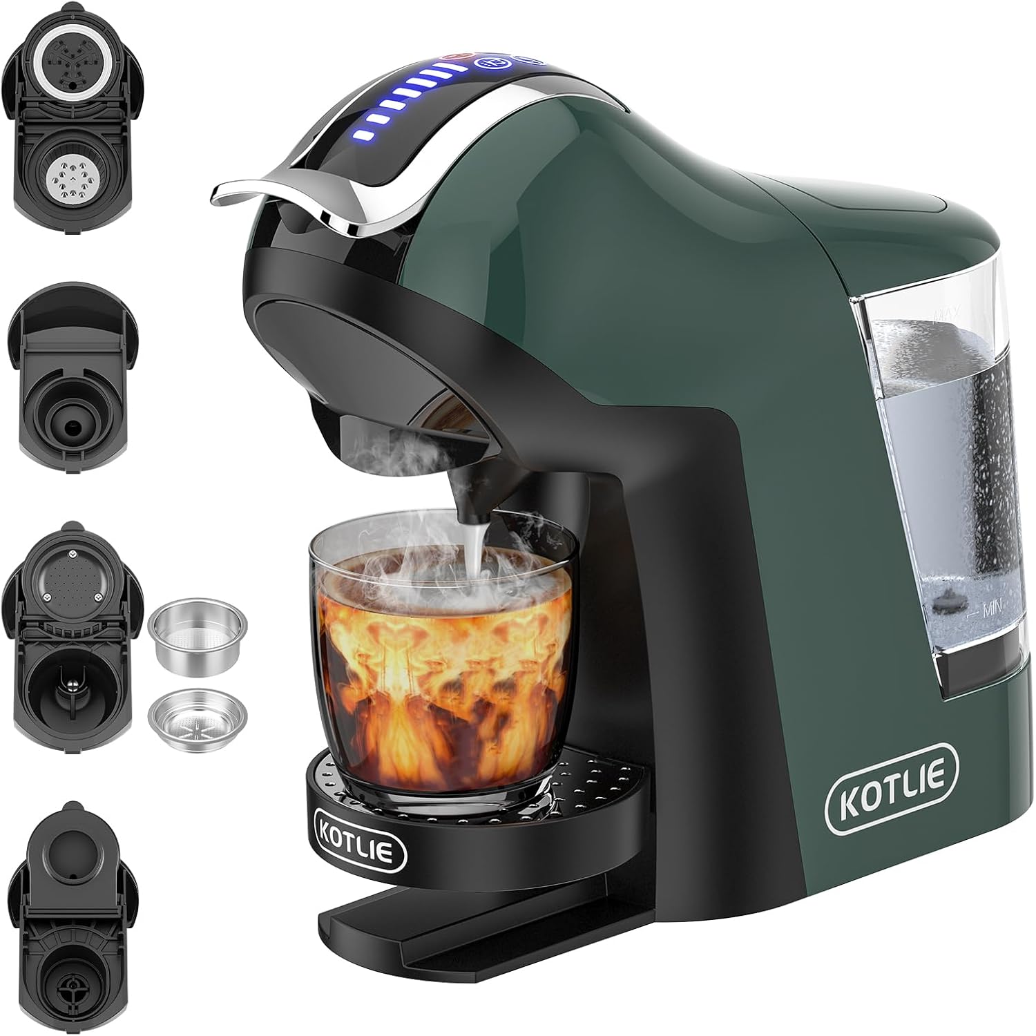 KOTLIE Macchina Multifunzione 5 in 1 per Caffè Macinato, Capsule, ESE (44mm), Temperatura e Volume Regolabili, Serbatoio Acqua ad Alta Capacità（EM-308A）