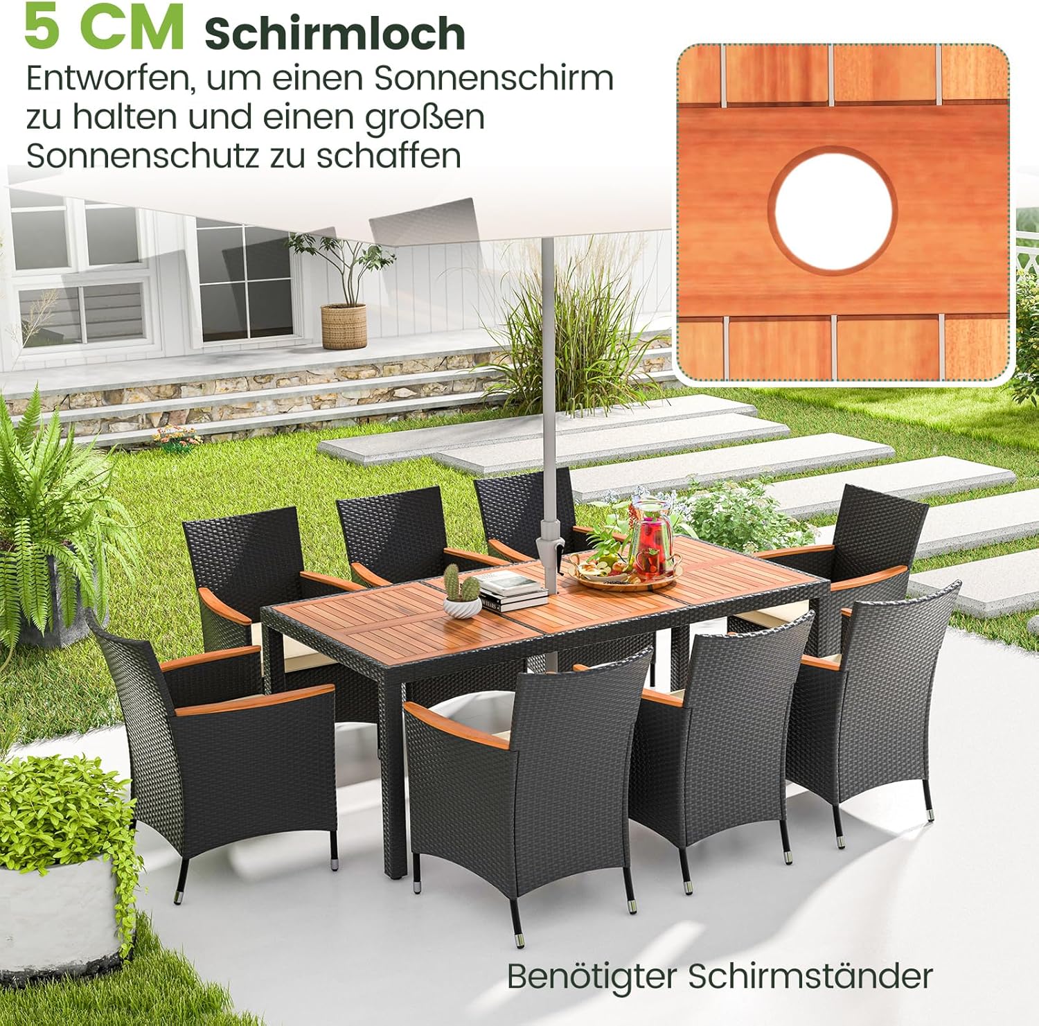 COSTWAY 9 TLG. Rattan Gartenmöbel Set, Sitzgruppe für 8 Personen, Gartentisch mit Tischplatte aus Akazienholz, 8 Stühle & Kissen, Terrassenmöbel Set, Gartengarnitur, Sitzgarnitur, Essgruppe