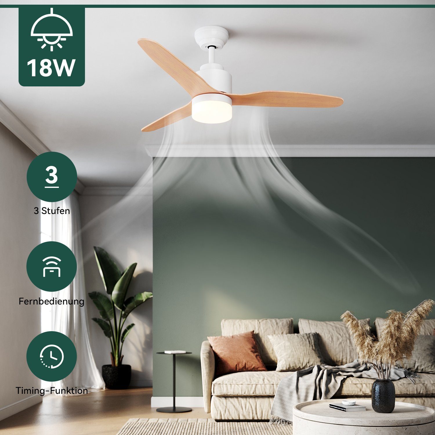 Deckenventilator 119 cm, mit Licht dimmbar, 3 Flügel, 3 Leistungsstufen