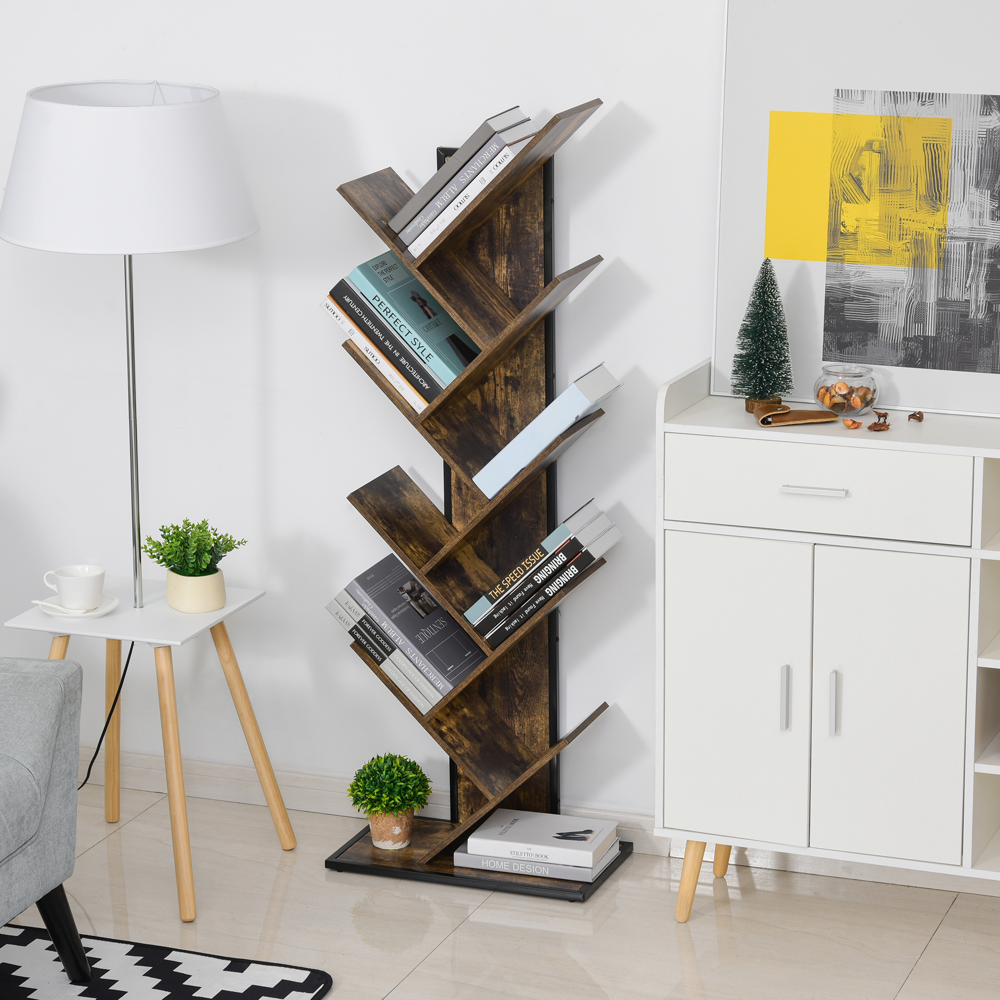 HOMCOM Baum-Bücherregal aus Holz, platzsparender Säulenschrank mit 10 Regalen im Industriestil, 50x28x142cm