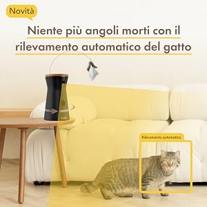 Pubblicità per il dispositivo di rilevamento automatico dei gatti. Mostra un dispositivo cilindrico nero e dorato sul tavolo, con l'immagine inserita del gatto
