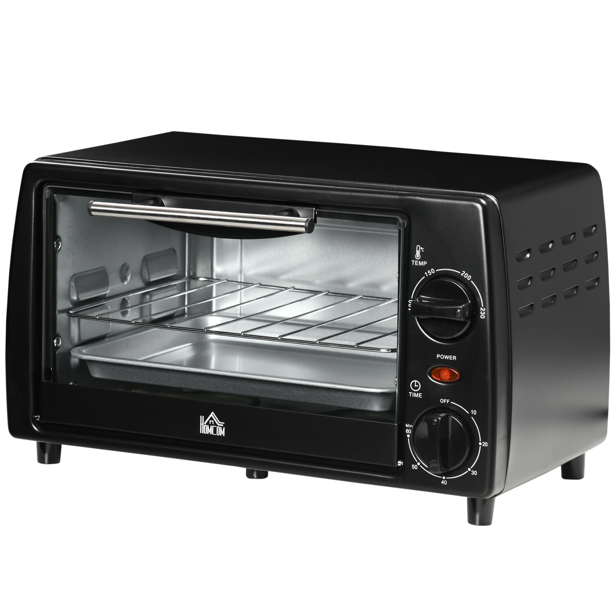 HOMCOM Mini-Ofen Toasterofen, 1 Backblech, 1 Grilrost, 10 L Kapazität, Timer-Funktion, 36.5 cm x 26 cm x 22 cm, Schwarz