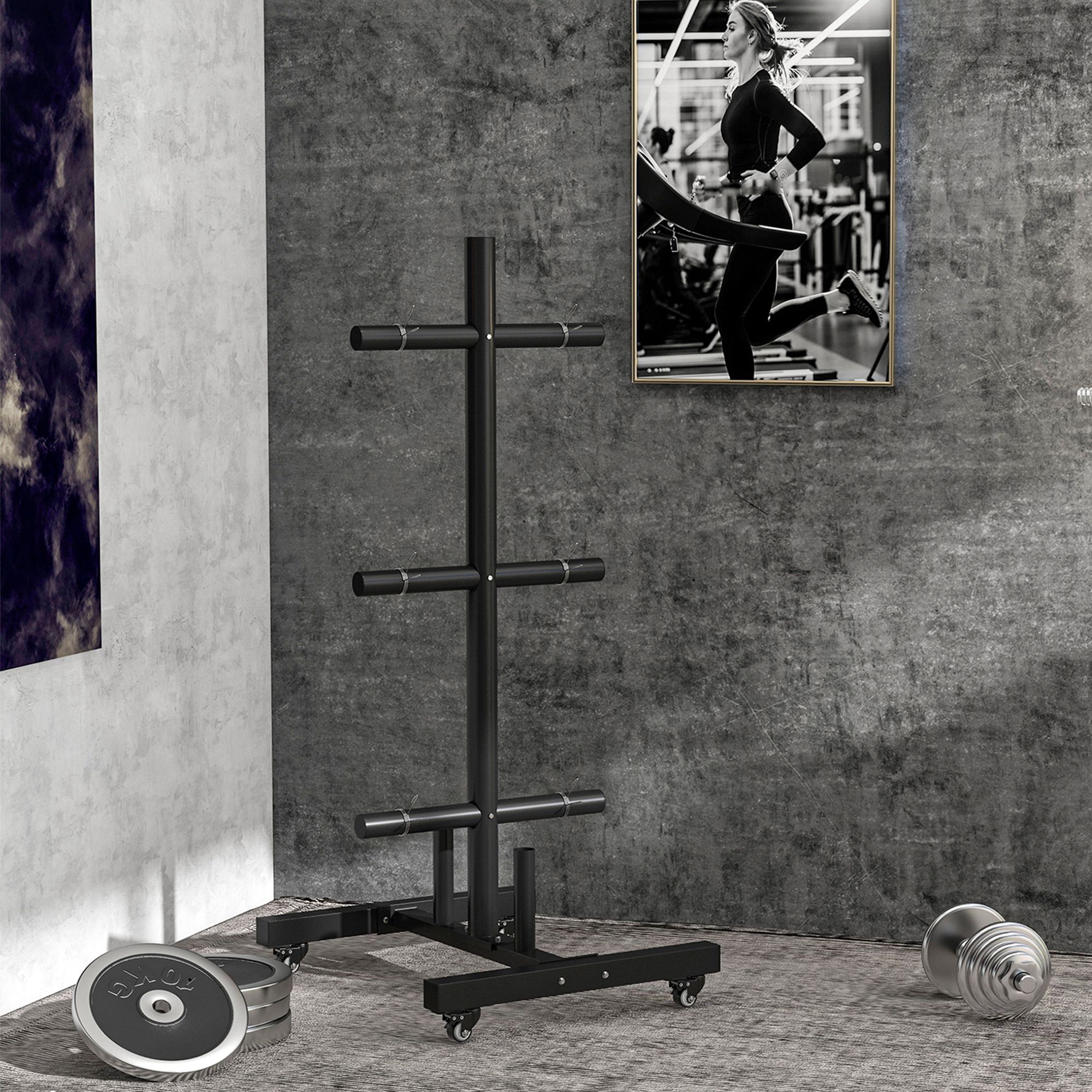 SPORTNOW Hantelscheibenablage, 6 Tragarme, 2 Hülsen für Hantelstangen, bis 200 kg, Stahl, 70 x 60 x 135 cm, schwarz