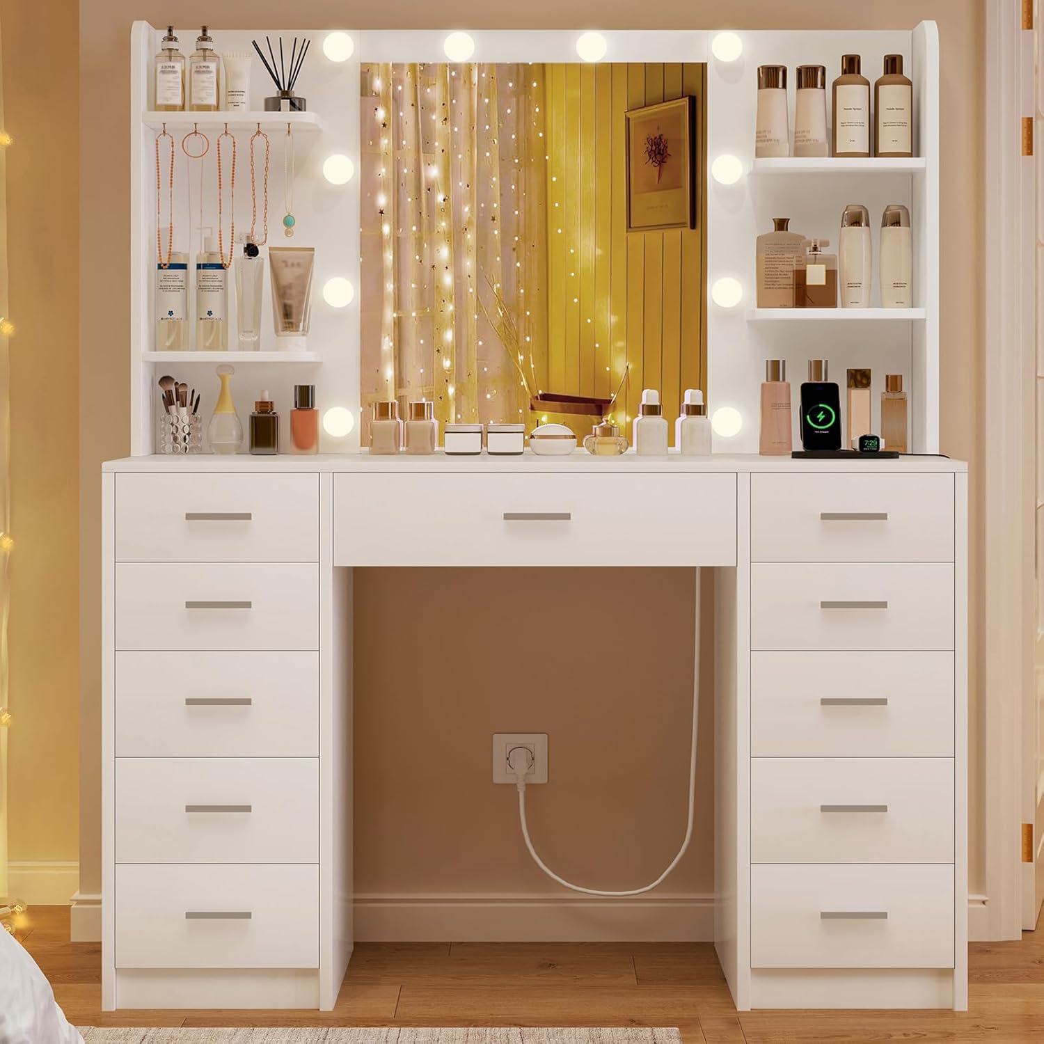 TEENFON Large Dressing Table with Mirror and LED Light, 3 Adjustable Colours, Makeup Desk with 11 Drawers, 4 Shelves and 5 Hooks, Modern Dresser, White