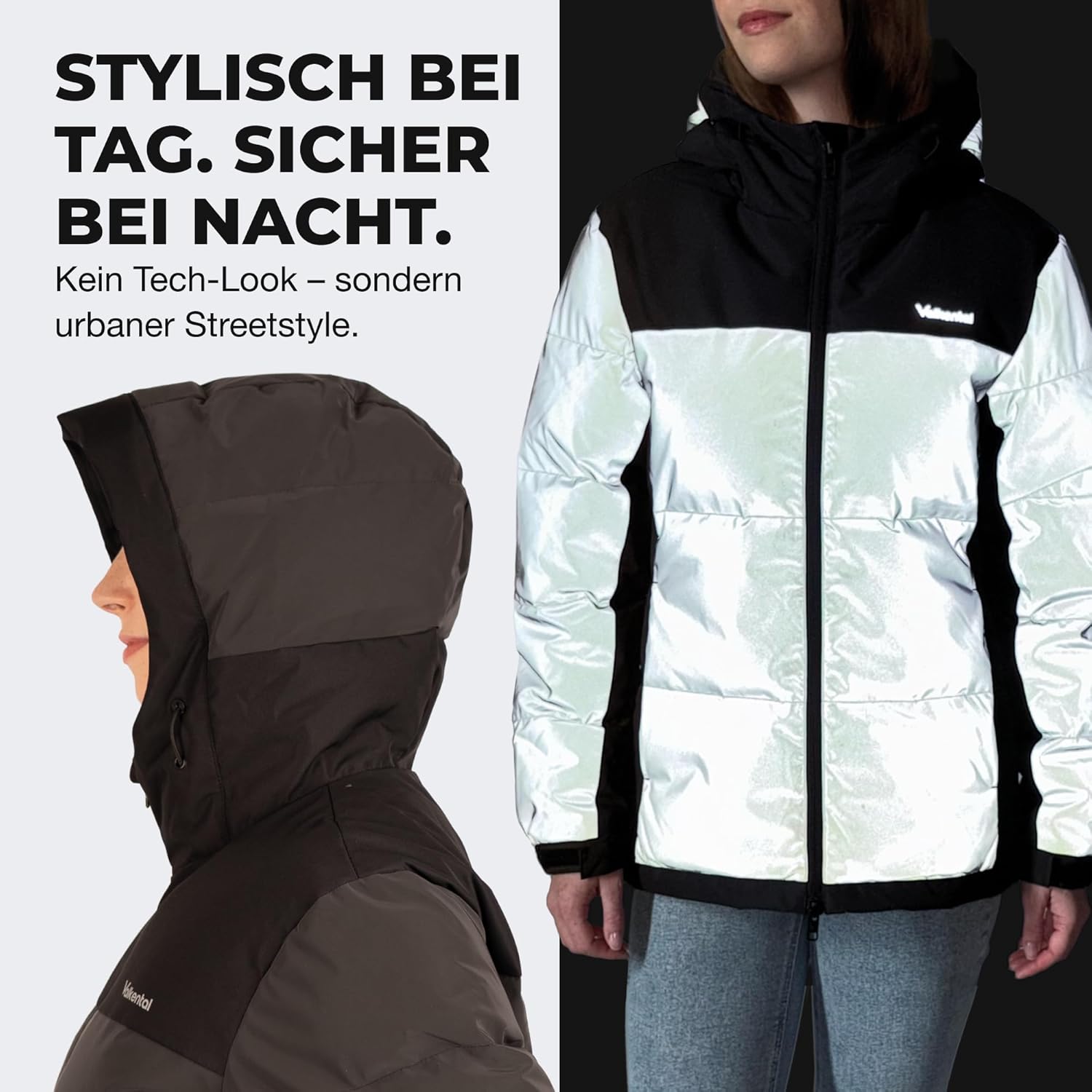 Valkental - Reflektierende Daunenjacke für Damen [VOLL REFLEKTIEREND] - Leichte Winterjacke mit Daunen für Frauen - Wasserabweisende LUMI-TEX Reflektor Winter Jacke - Sichtbarkeit im Dunkeln