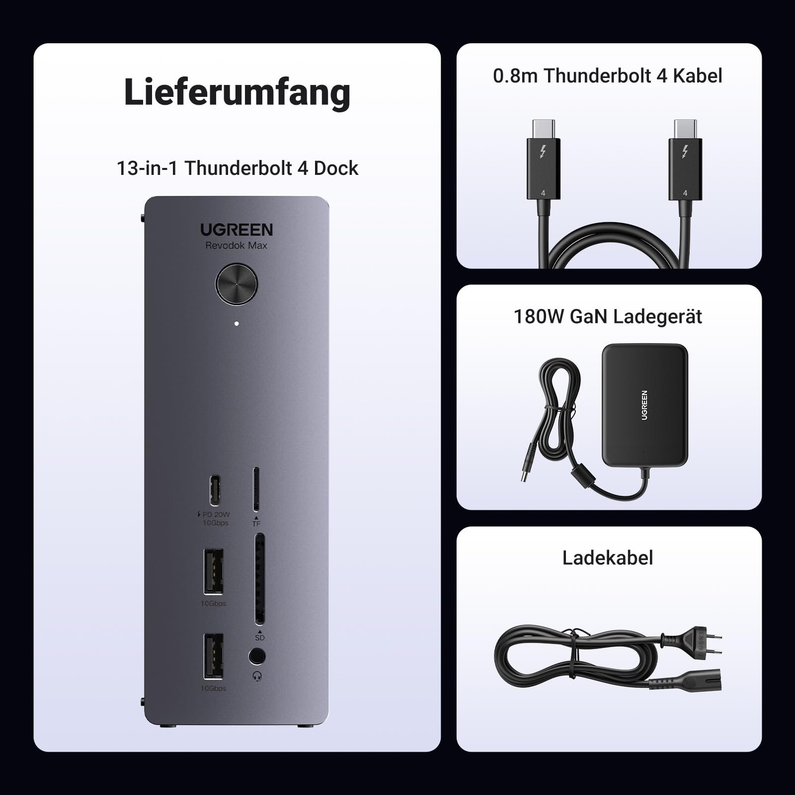 Thunderbolt 4 Dockingstation 13-in-1 mit 90W Aufladen und 40Gbps, Revodok Max 213, Dual 4K@60Hz, 2.5GbE, SD/microSD 4.0