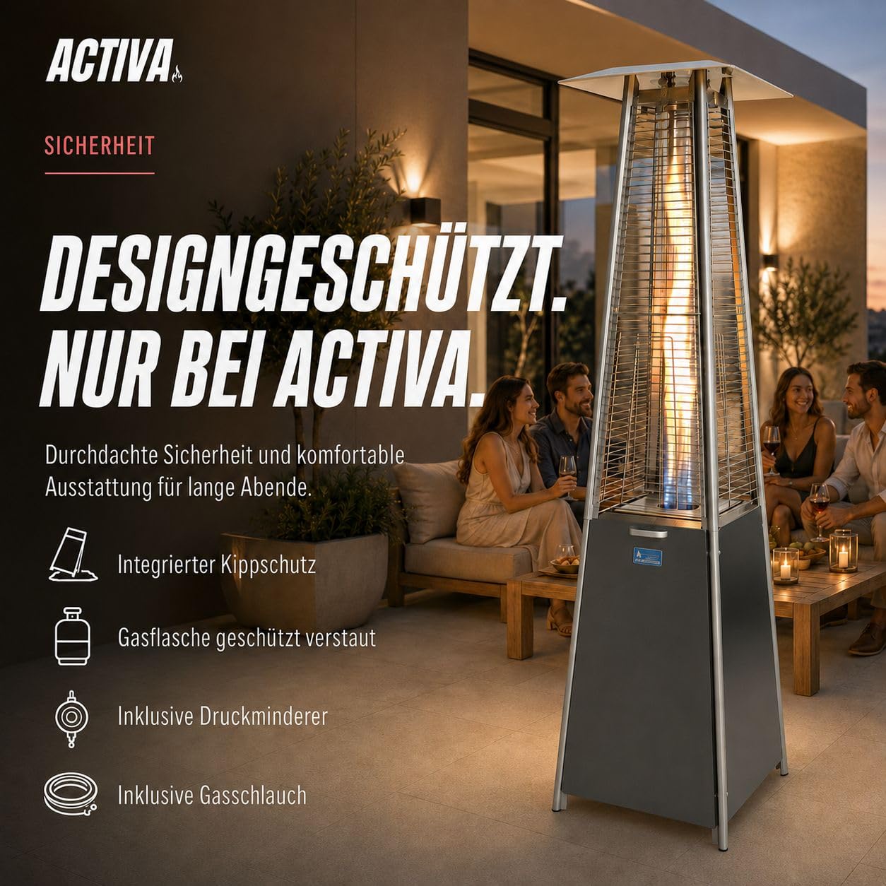 Gasheizstrahler Cheops II für Terrasse mit Flammeneffekt Duran Schott Glaszylinder Piezozündung für 5–11 kg Propan- oder Butangasflaschen