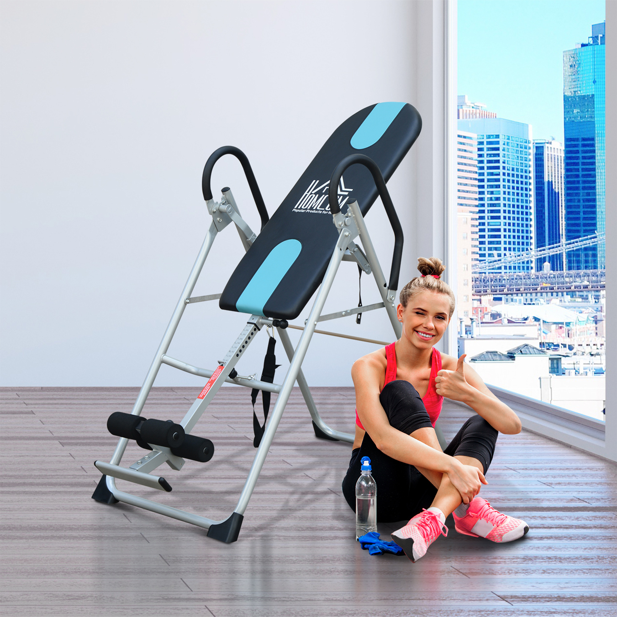 HOMCOM Inversionsbank klappbar Schwerkrafttrainer mit Sicherheitsgurt Inversionstisch bis 136kg Stahl Silber+Schwarz+Blau