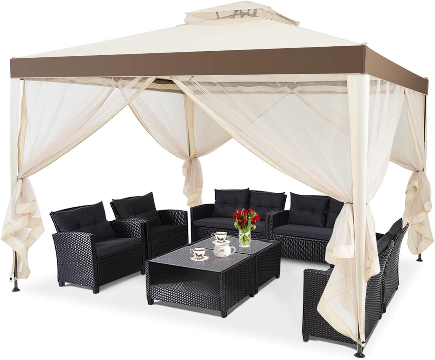 COSTWAY 3 x 3m Garden Gazebo Outdoor Gazebo with Mosquito Net, Double Canopy and 4 Polyester Side Curtains, Steel Structure, for Garden, Patio and Yard (Beige)