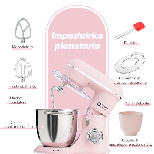 Kitchen in the box Impastatrice Planetaria，2 Ciotole 4,5 L 5 L Impastatrice Professionale, 10 Velocità con Uncino Impastatore, Mescolatore, Frusta Sbattitric, 1300W (Rosa Chiaro) : Amazon.it: Casa e cucina