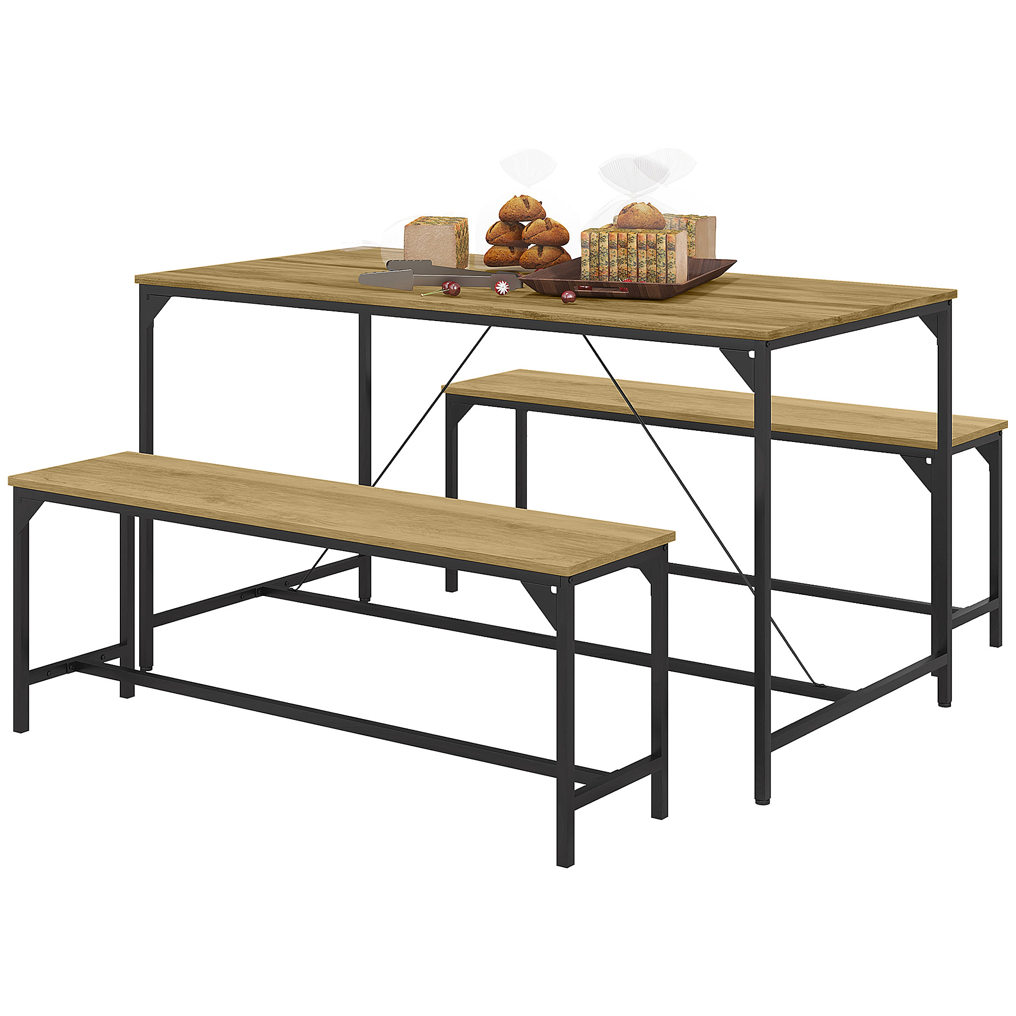 HOMCOM Essgarnitur, Tisch & 2 Bänke, Industrial Design, Stahlrahmen, Holzdekor/Schwarz