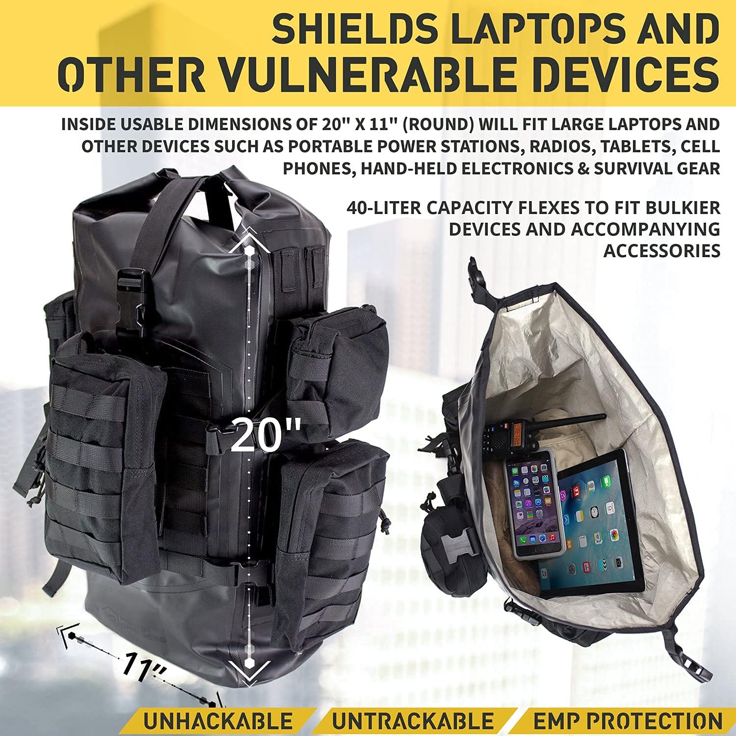 Mission Darkness Dry Shield Faraday Rucksack 40 Liter Fassungsvermögen // Wasserdichte taktische Tasche mit abnehmbaren MOLLE-Taschen, signalblockierendem Anti-Hacking-EMP-Schild für Elektronik