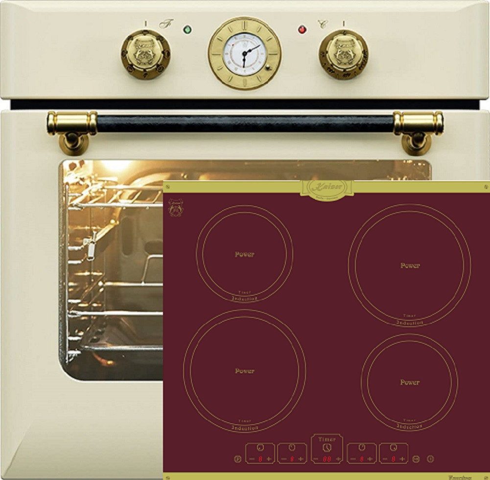 Backofen-Set Herd Set Autark Retro Einbau Backofen Elektro, 68 L mit Induktionskochfeld Autark 60 cm 4 Zonen mit Booster EH 6432 ElfBE +KCT 6195 iRotEm