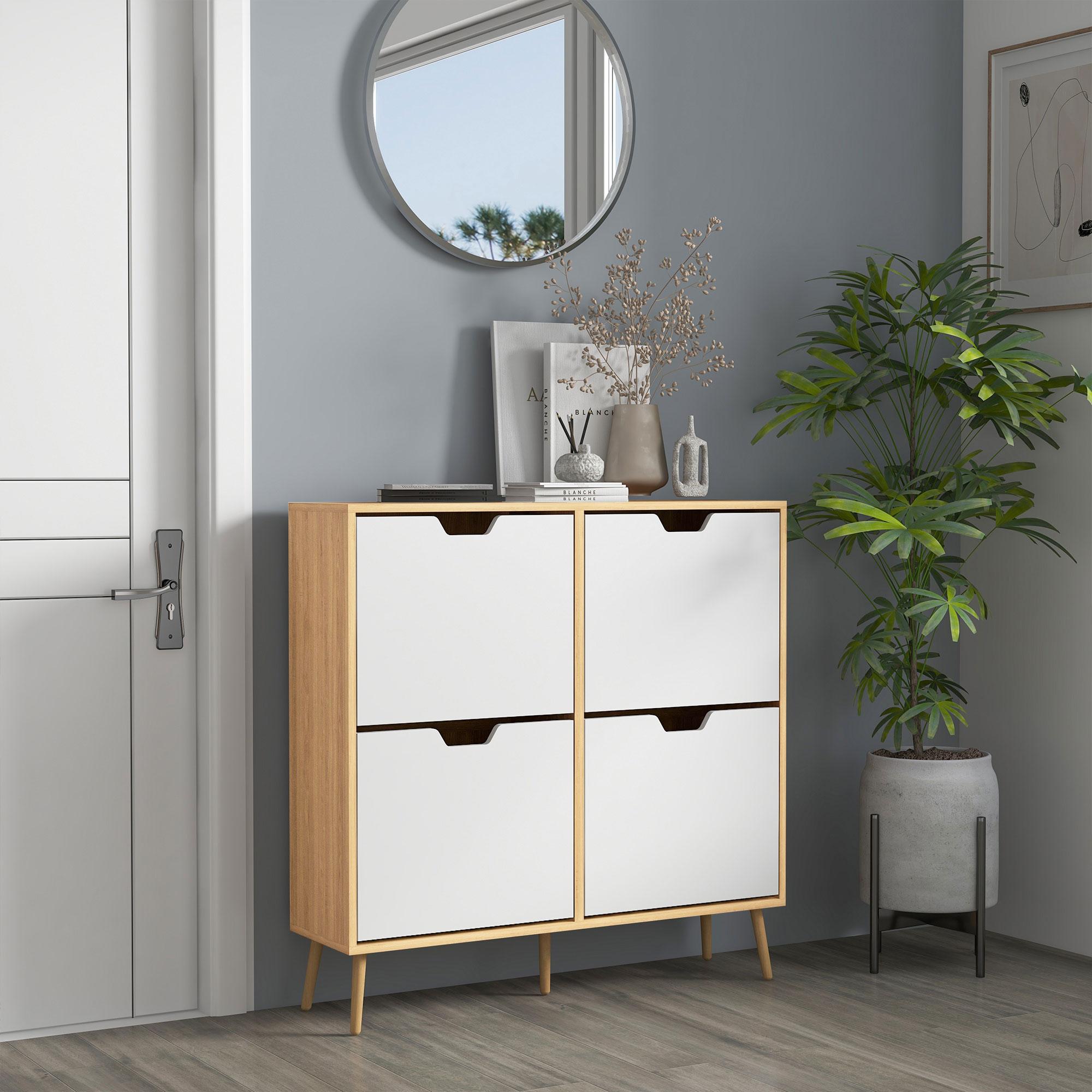 HOMCOM Schuhschrank 4 Klappen 16 Paare mit verstellbarem Regal massiven Kieferfüßen 95 x 26 x 95 cm Natur