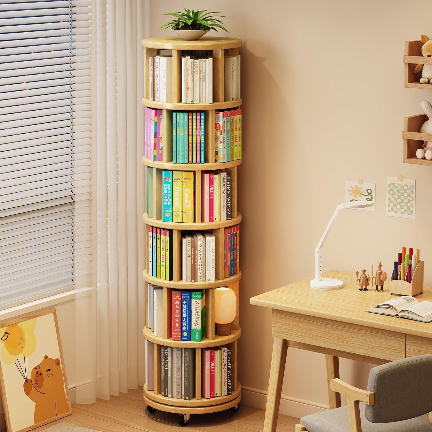Generico Libreria Girevole 6 Ripiani, Scaffale Rotante 360° per Angoli e Spazi Piccoli in Legno Massello, Stretto per Soggiorno, Ufficio, Camera da Letto(Wood color)