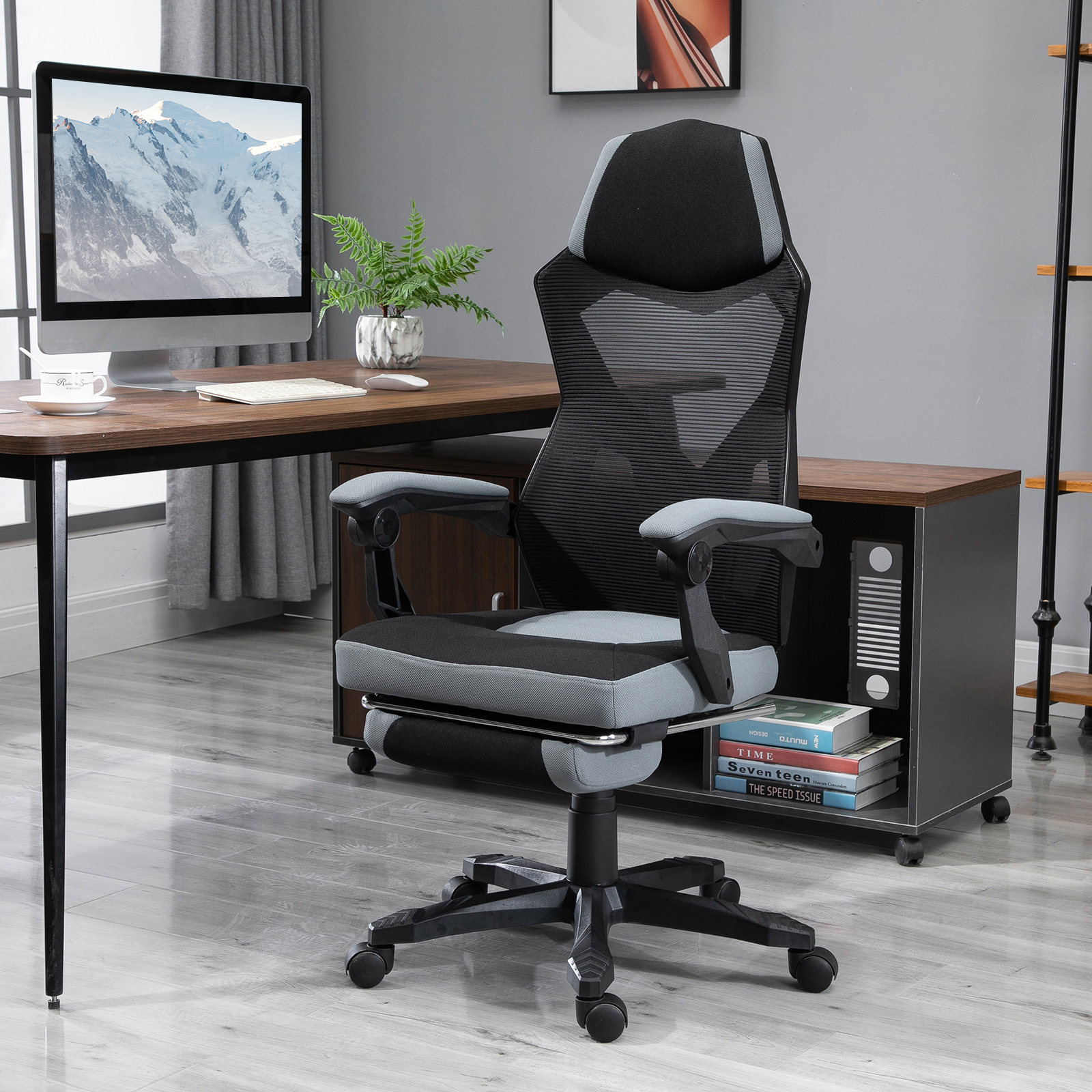 Vinsetto Bürostuhl Gaming-Stuhl höhenverstellbar neigbar 360° drehbar mit 5 Rollen Fußhocker Netzstoff 58B x 63T x 112-122H cm grau schwarz