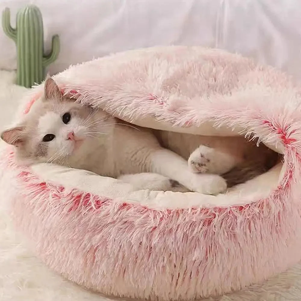 Plush Cat Cave Bed �C Semi-Enclosed, Machine Washable & Anti-Slip Base
