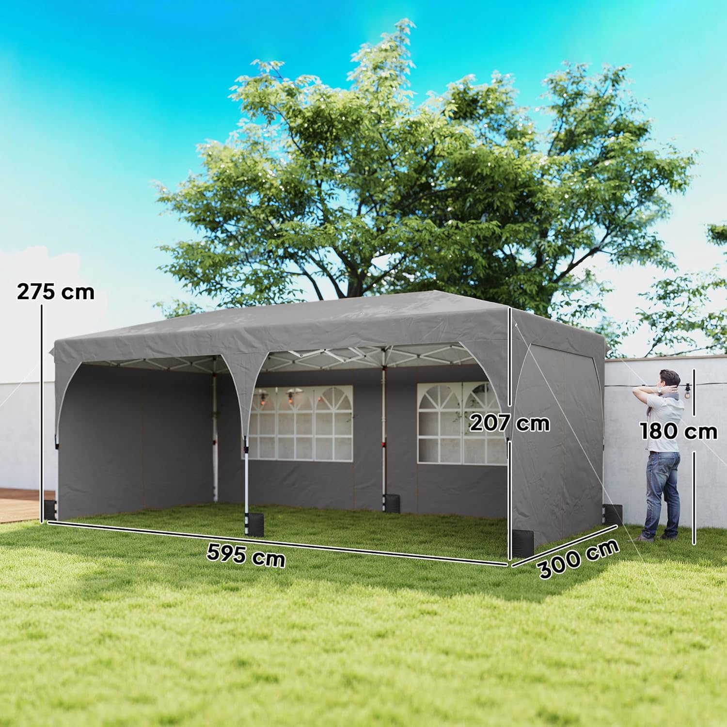 Outsunny Gartenpavillon 3 x 6 m Pop-up-Zelt, höhenverstellbar, wasserdicht, UV50+ Schutz, zusammenklappbarer Pavillon mit 4 Seitenwänden, 6 Sandsäcken, Tragetasche, einfache Montage, grau