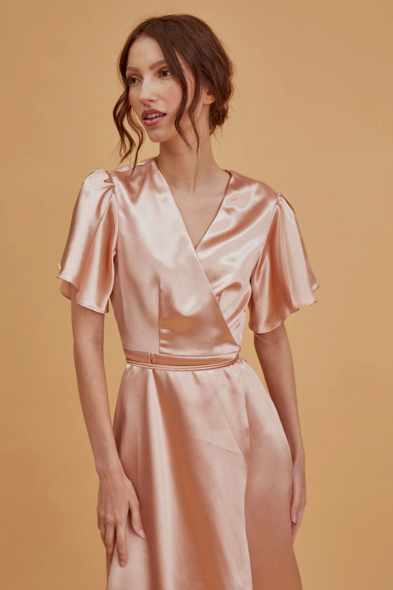 Serena Champagne-Satin Bridesmaid Wrap Midi-Dress