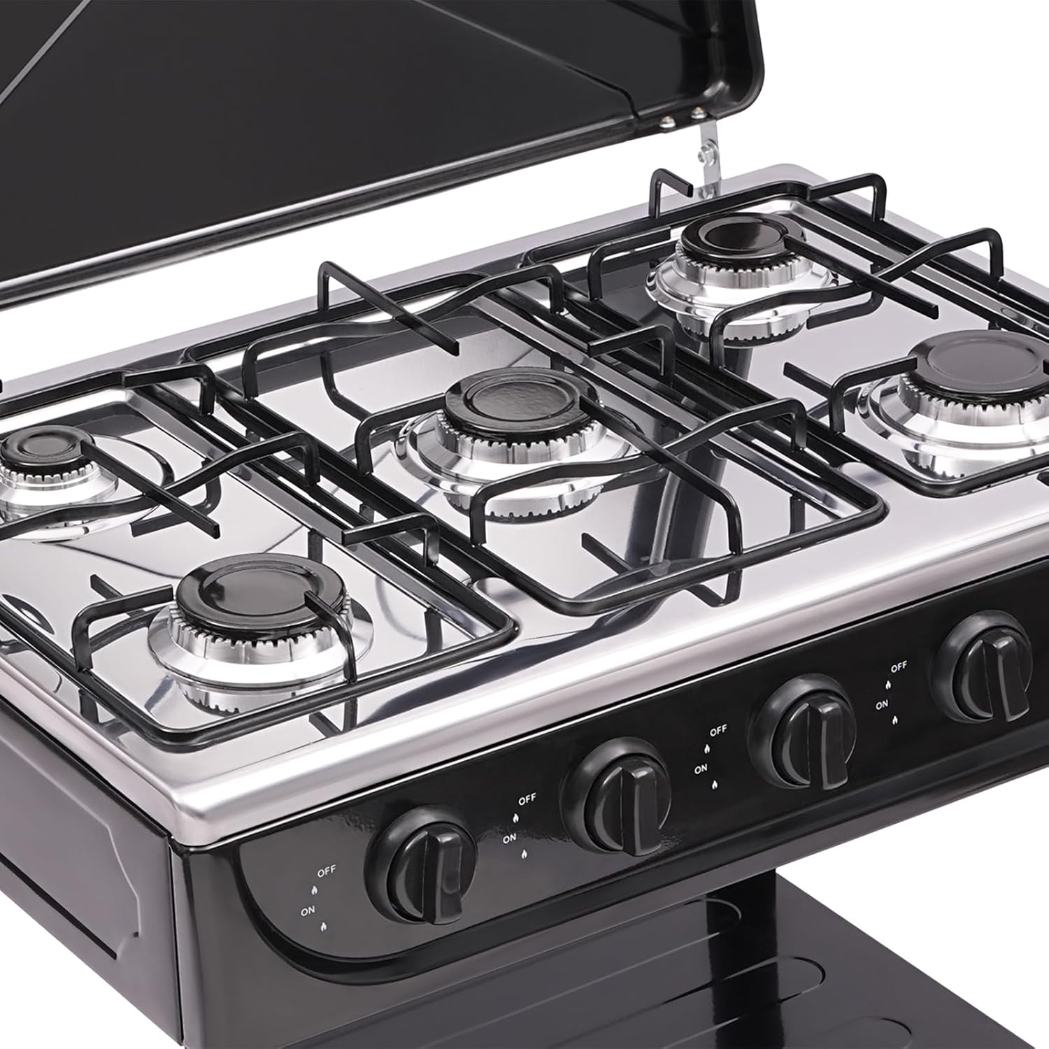 HarBin-Star Piano Cottura a Gas 5 Fuochi con Supporto Antiscivolo, Carrello per Barbecue con Coperchio, Fornello Indipendente da Campeggio, 61,5 x 42,5 x 82 cm (Nero)