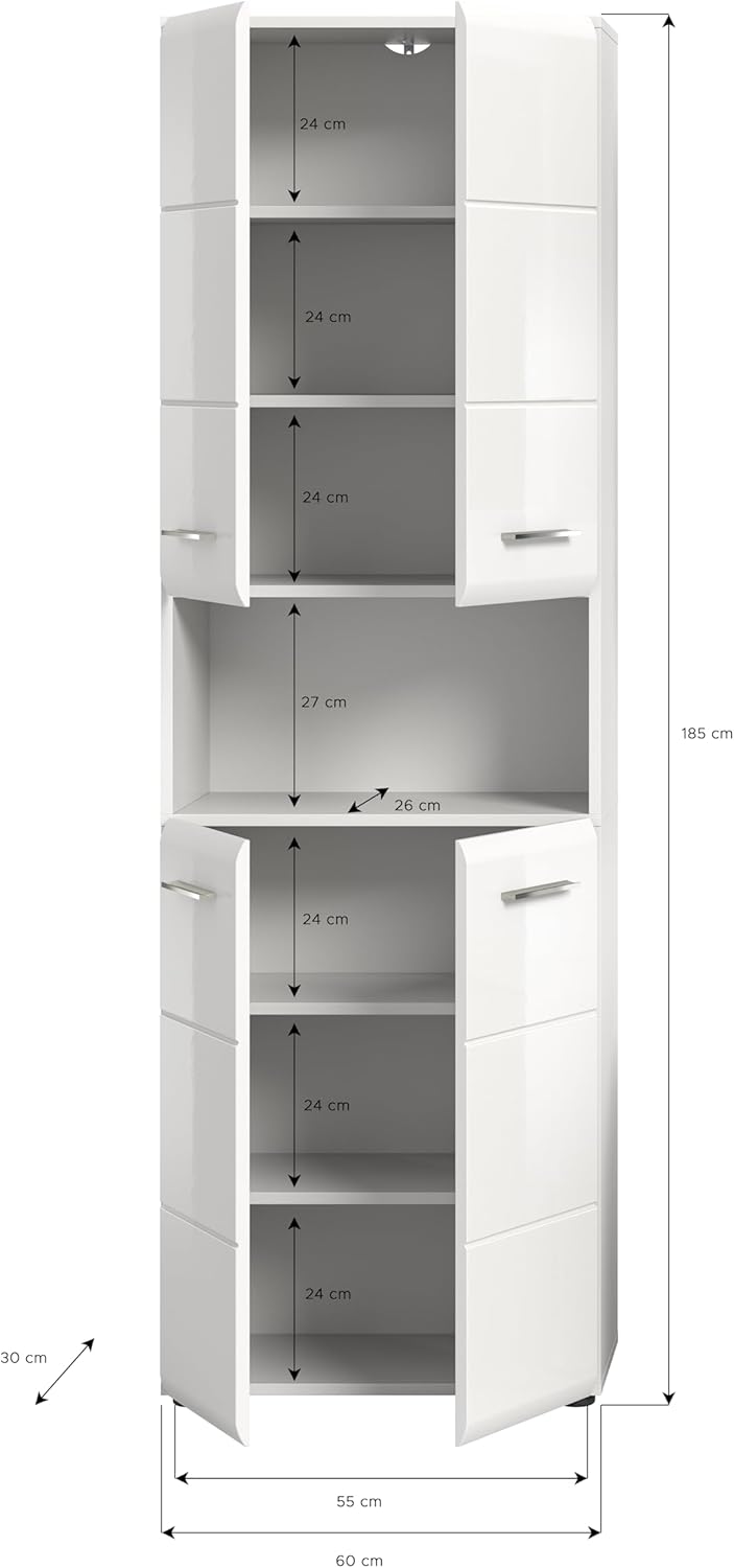 xonox.home - Hochschrank Ice 60x185x30 cm in Front weiß Hochglanz Tiefziehfront Korpus weiß - breiter Badhochschrank - stilvoll und funktional