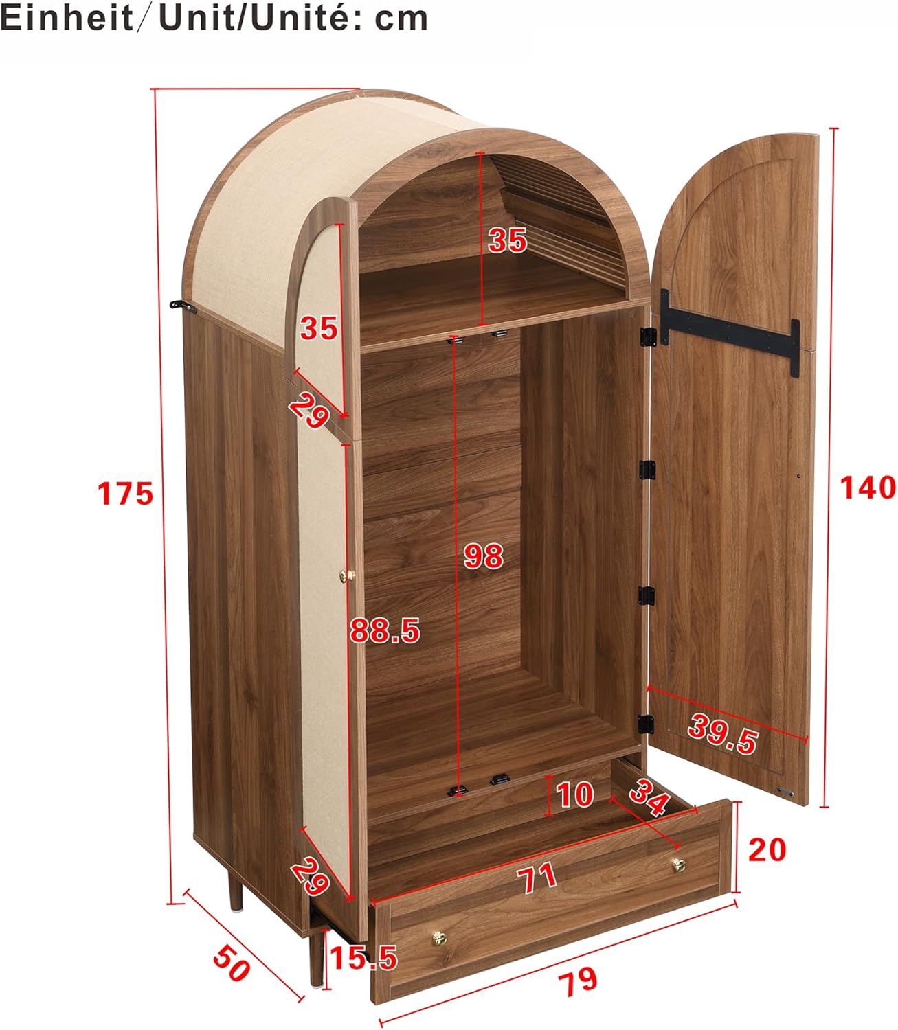 Children's Bedroom Wardrobe with Fabric Doors and Drawer, Walnut Effect, Wooden Feet, Practical Storage for Clothes and Accessories, Bedroom Compartments