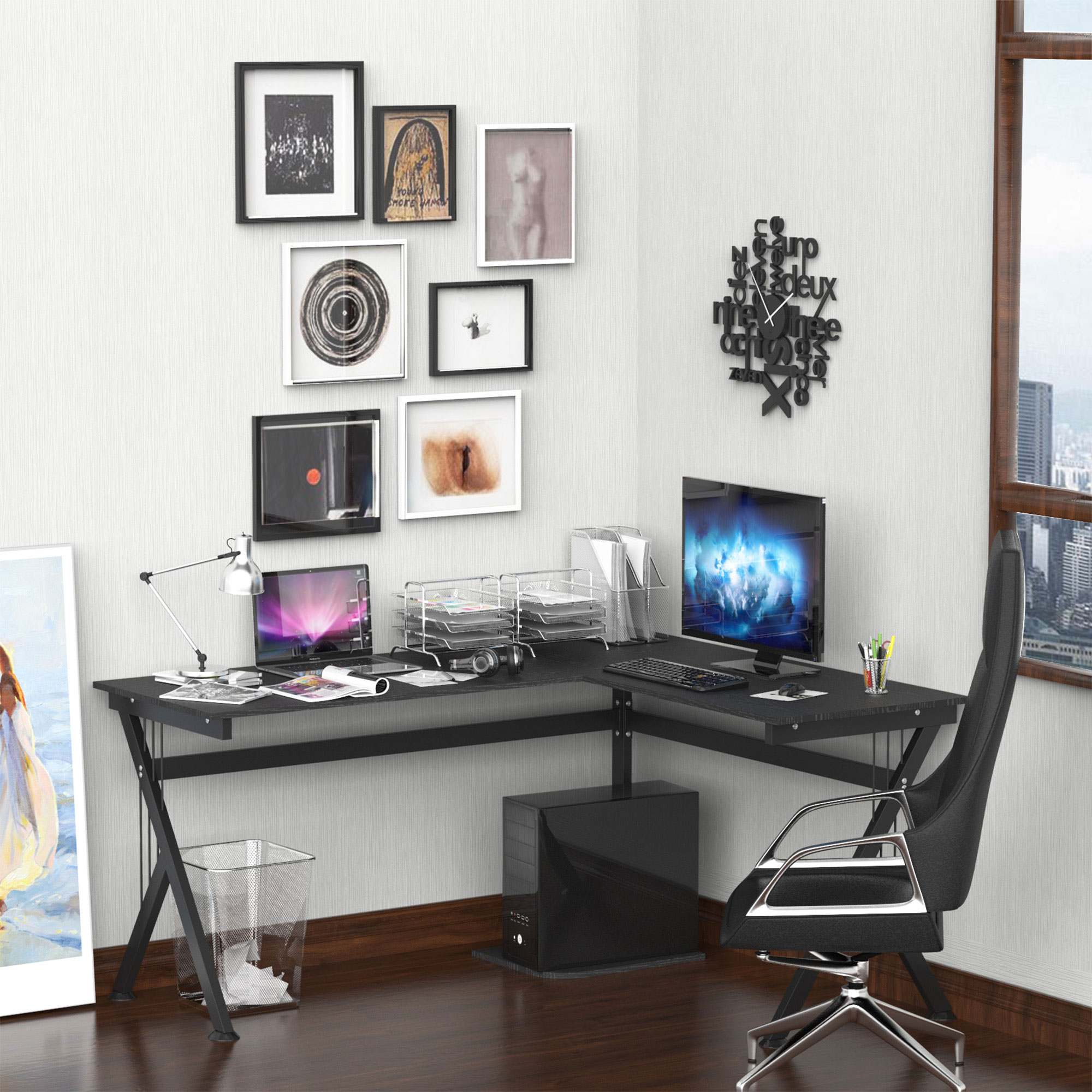 HOMCOM Eckschreibtisch mit CPU-Ständer, platzsparend, Gaming-Desk, 155 cm x 130 cm x 76 cm, Schwarz