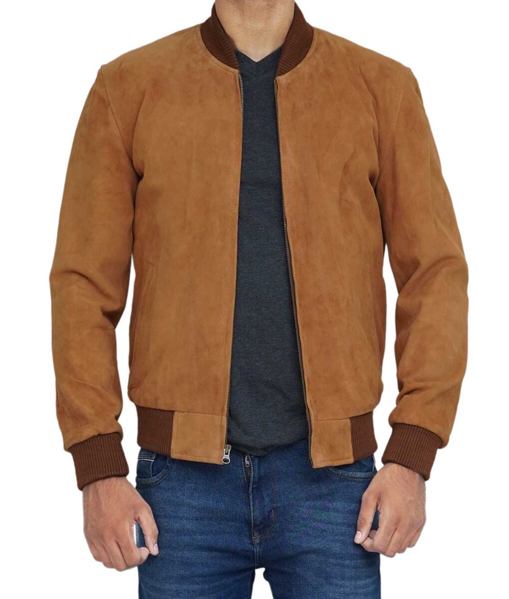 Mens Brown Leather Suede Bomber Jacket