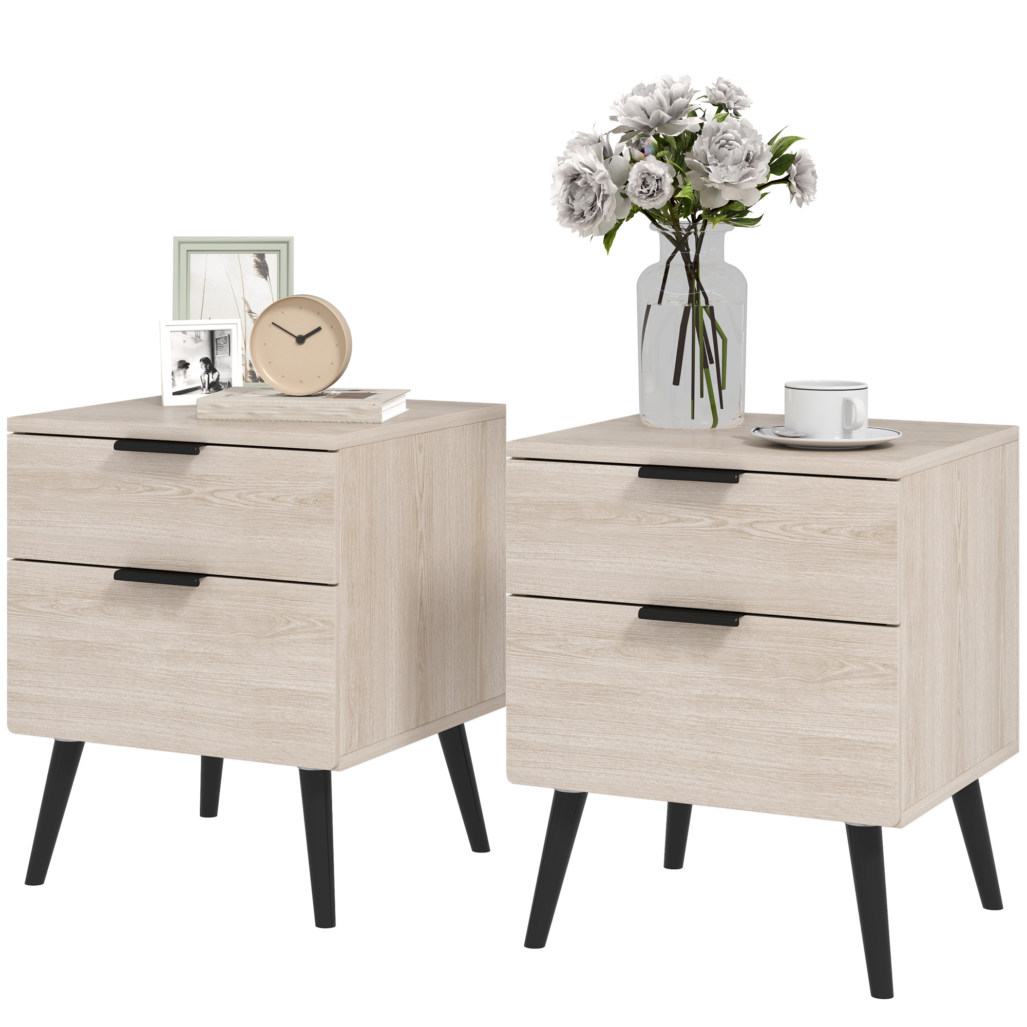 HOMCOM Set mit 2 Nachttischen Nachttisch moderner skandinavischer Stil mit zweistufigem Schubladen 40 x 40 x 50 cm Eiche