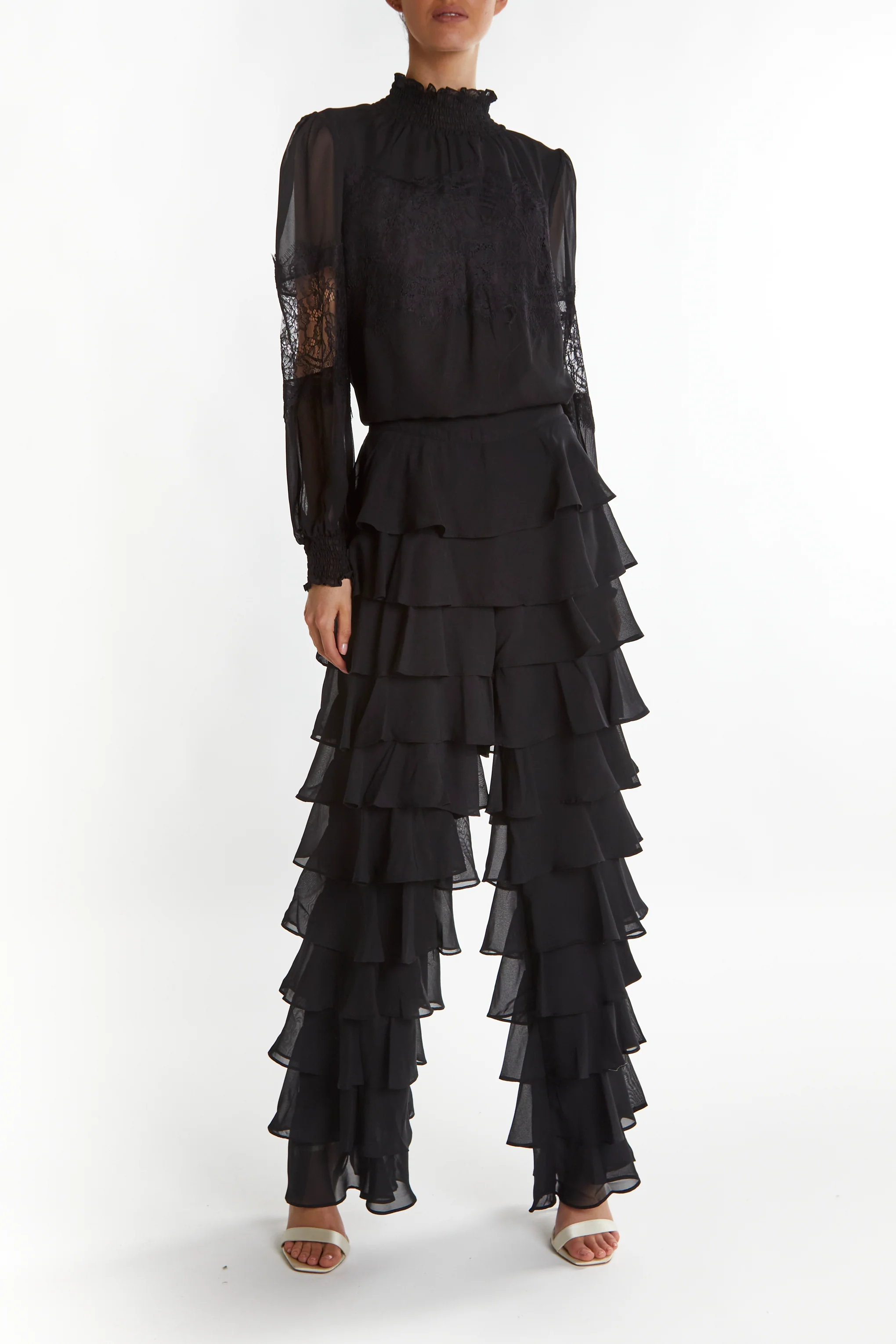 Bethany Black High-Neck Lace Trim Blouse