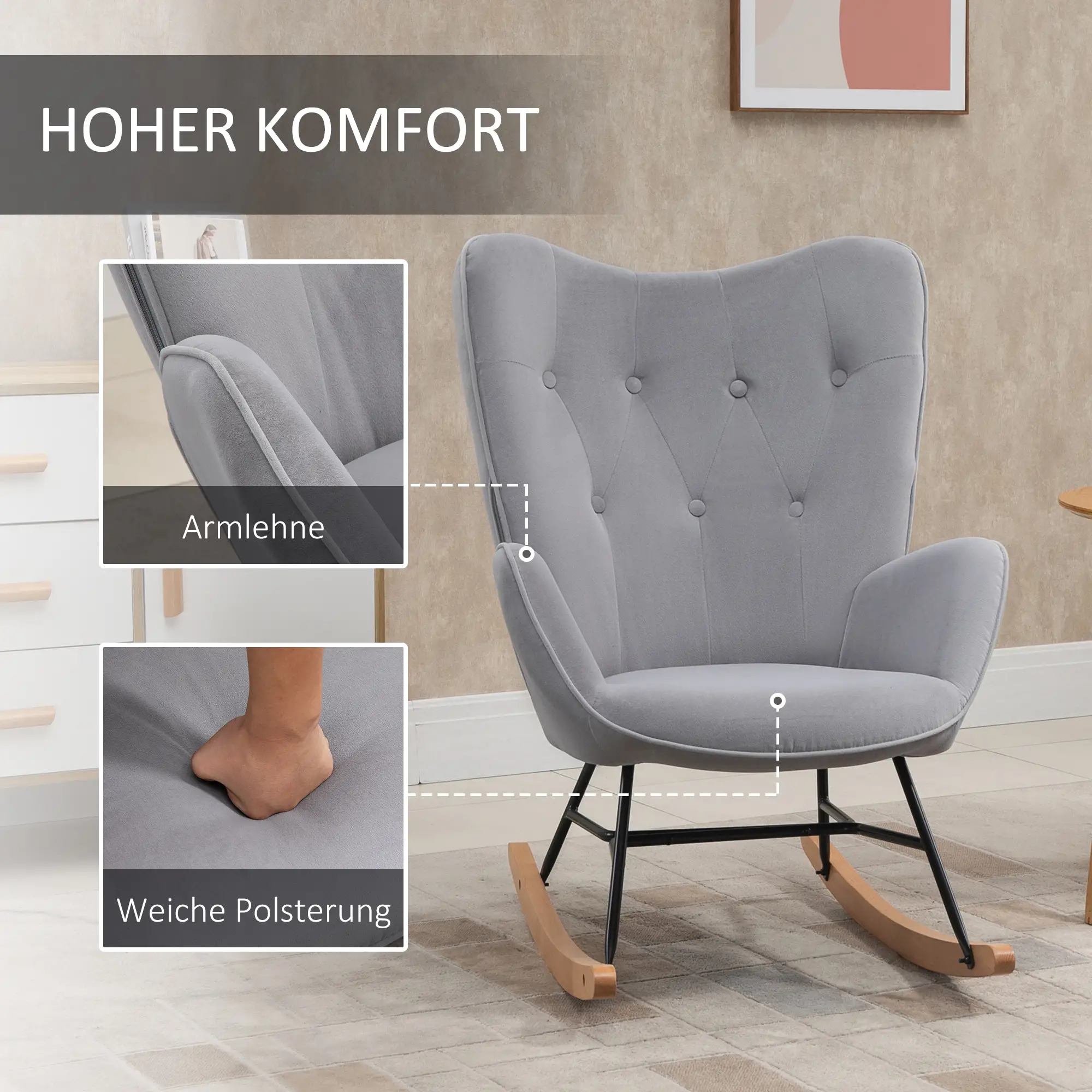 HOMCOM Schaukelstuhl Samtoptik hohe Rückenlehne skandinavisch hellgrau
