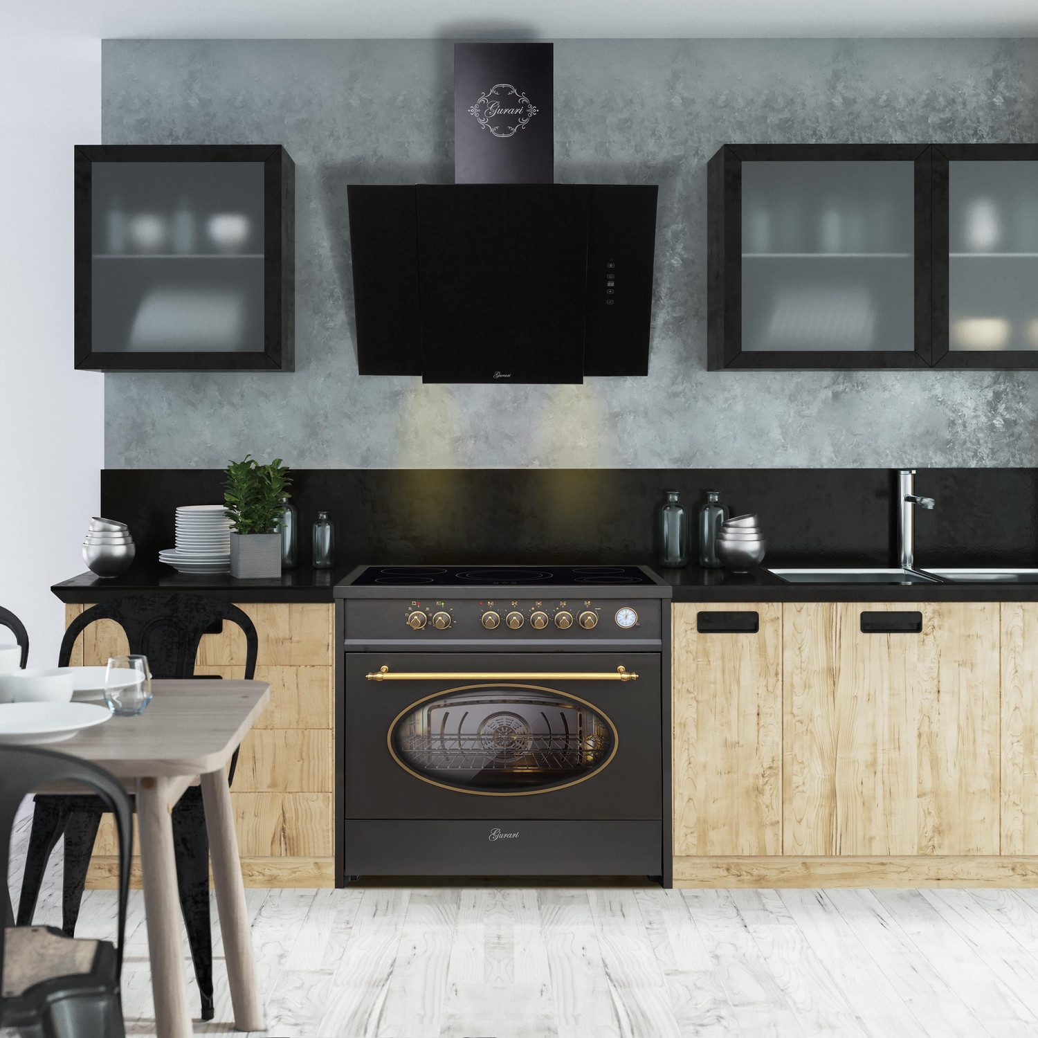 Elektro-Standherd Retro Glaskeramik Herd 90 cm Schwarz Range Cooker Elektro XXL Backofen 121 L mit Dunstabzugshaube 90 cm GCH E 912 BL r+GCH S 171 90 BL PRIME.