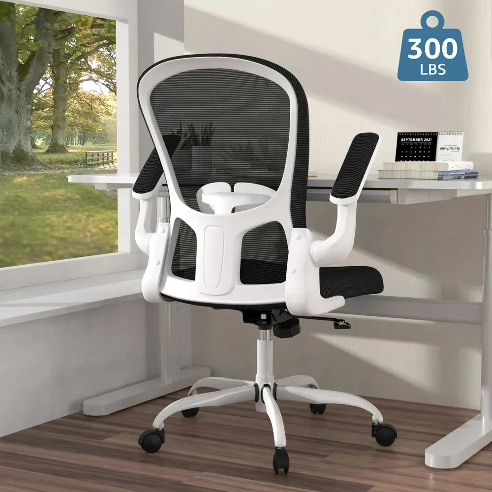 Silybon Ergonomic Office Chair, Adjustable Height with Flip Up Arms, Breathable Mesh, 300 lbs Capacity, White