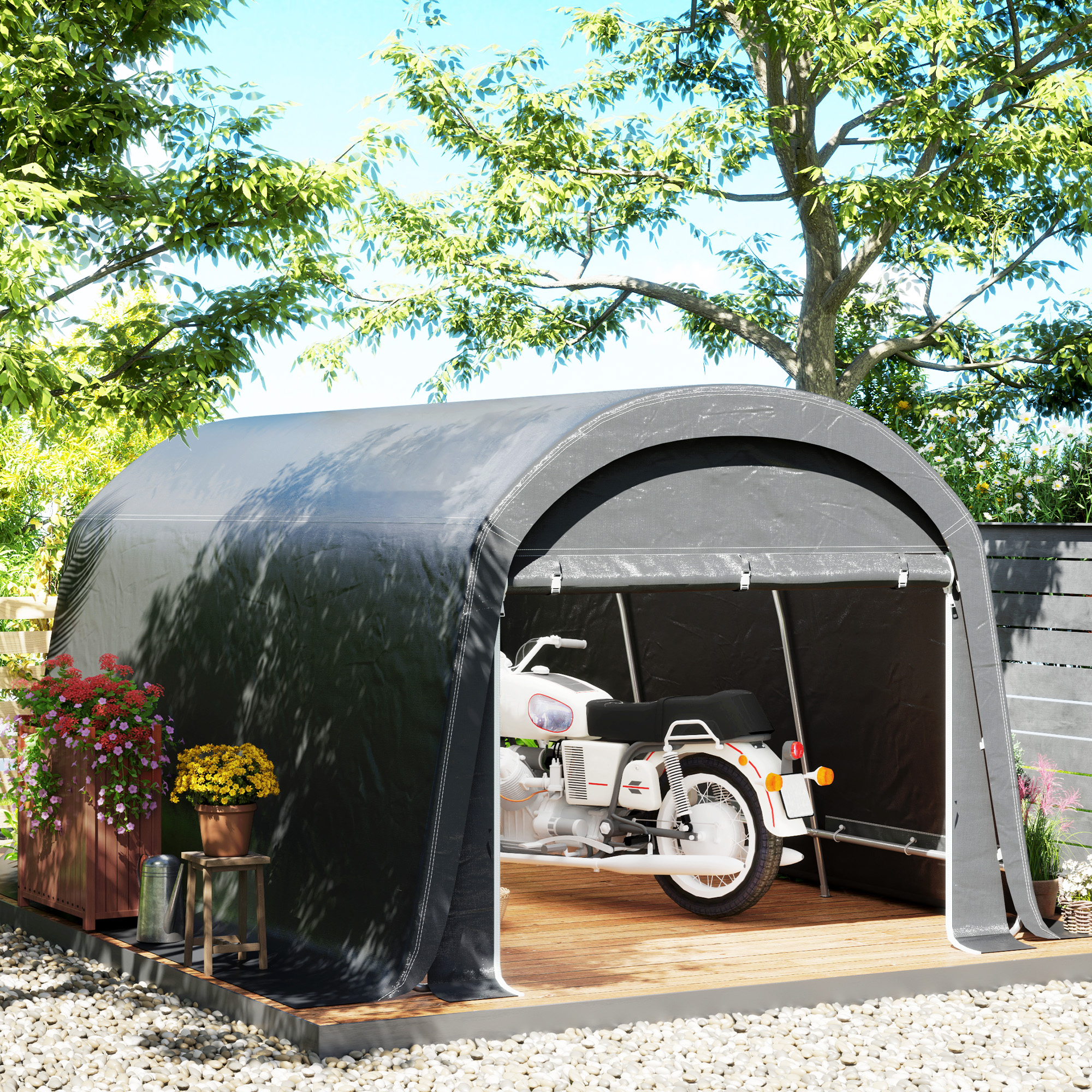 Outsunny /Gartenschuppen mit Kunststoff-Plane, Werkzeugzelt, aufstellbare Garage, 300B x 450T x 230H cm, Dunkelgrau
