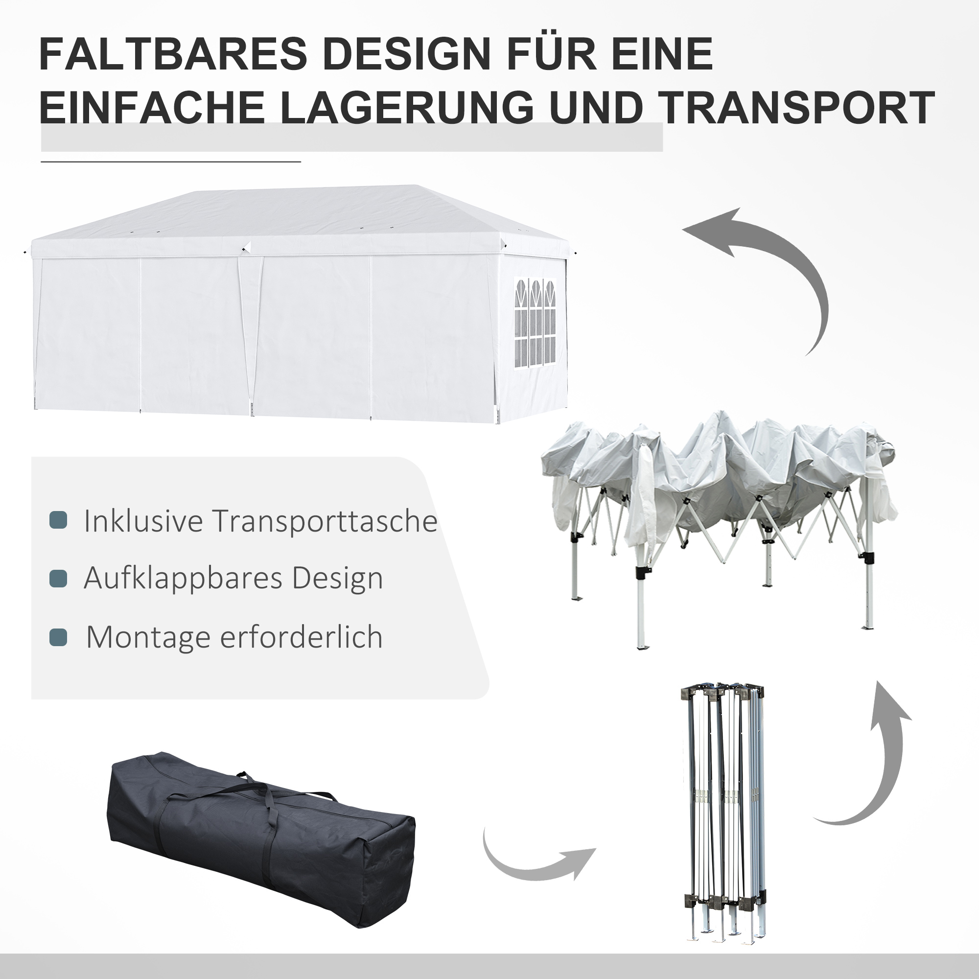 Outsunny Vouwtent van 6 x 3 m, verwijderbare zijwanden, grote ramen, deuren met ritssluiting, stalen frame, wit